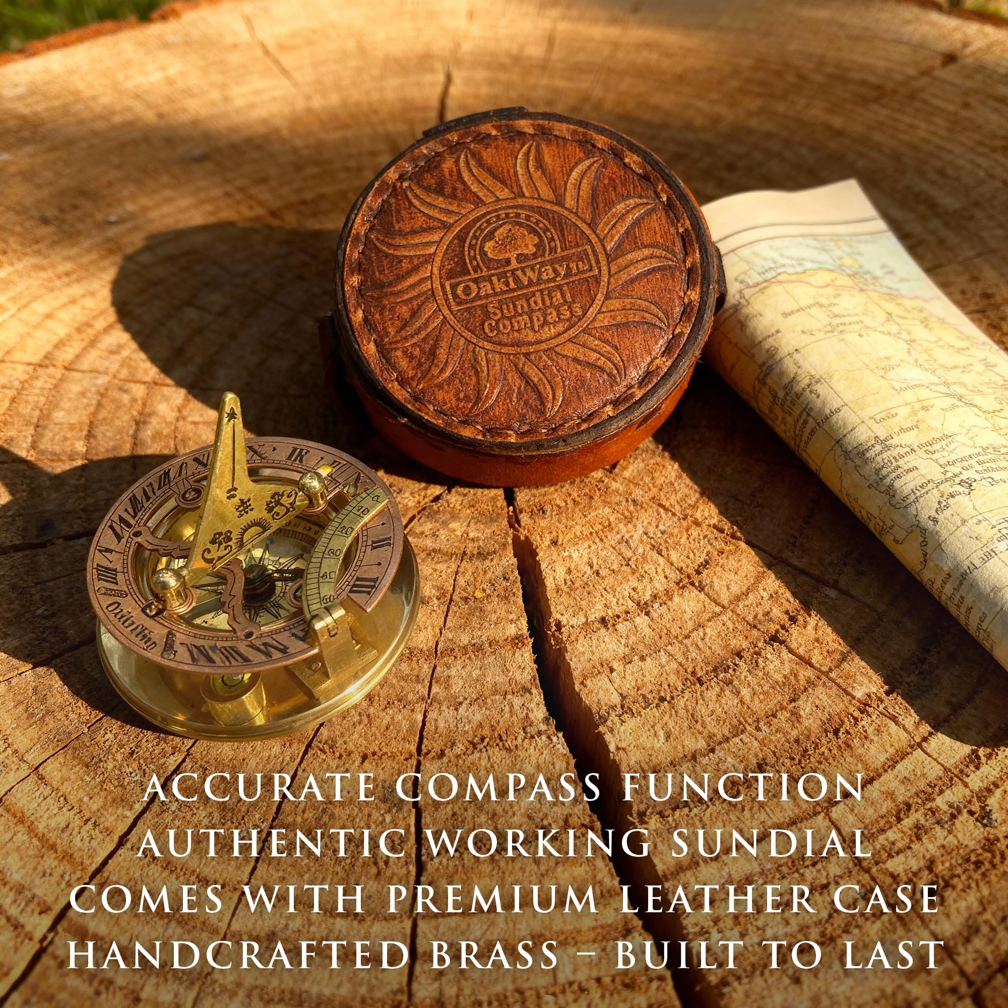Antique Brass Sundial Compass with Leather Case view 3