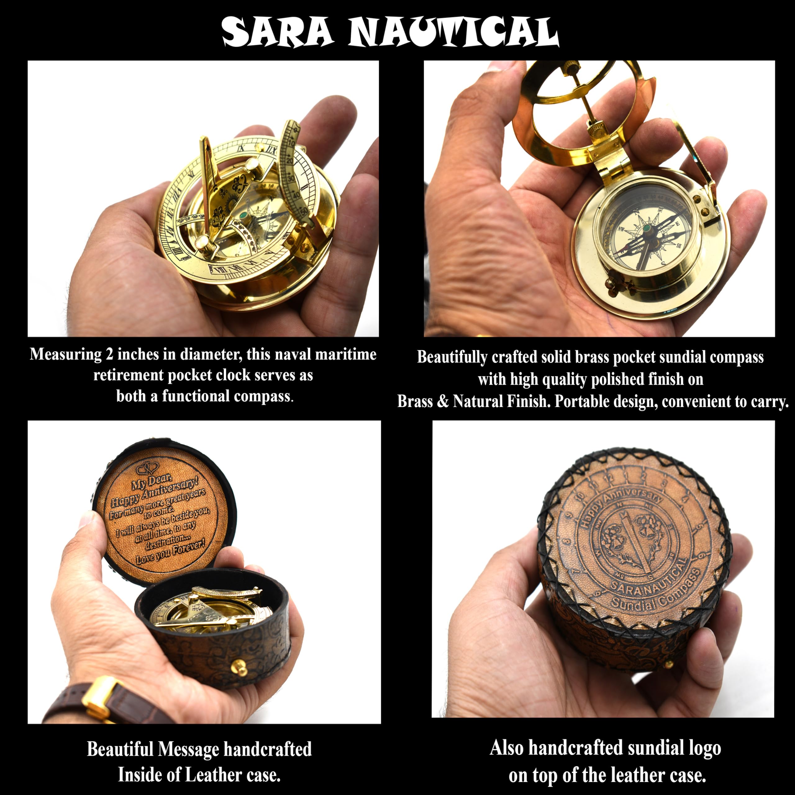 Polished Brass Sundial Compass with Genuine Leather Carry Case view 3