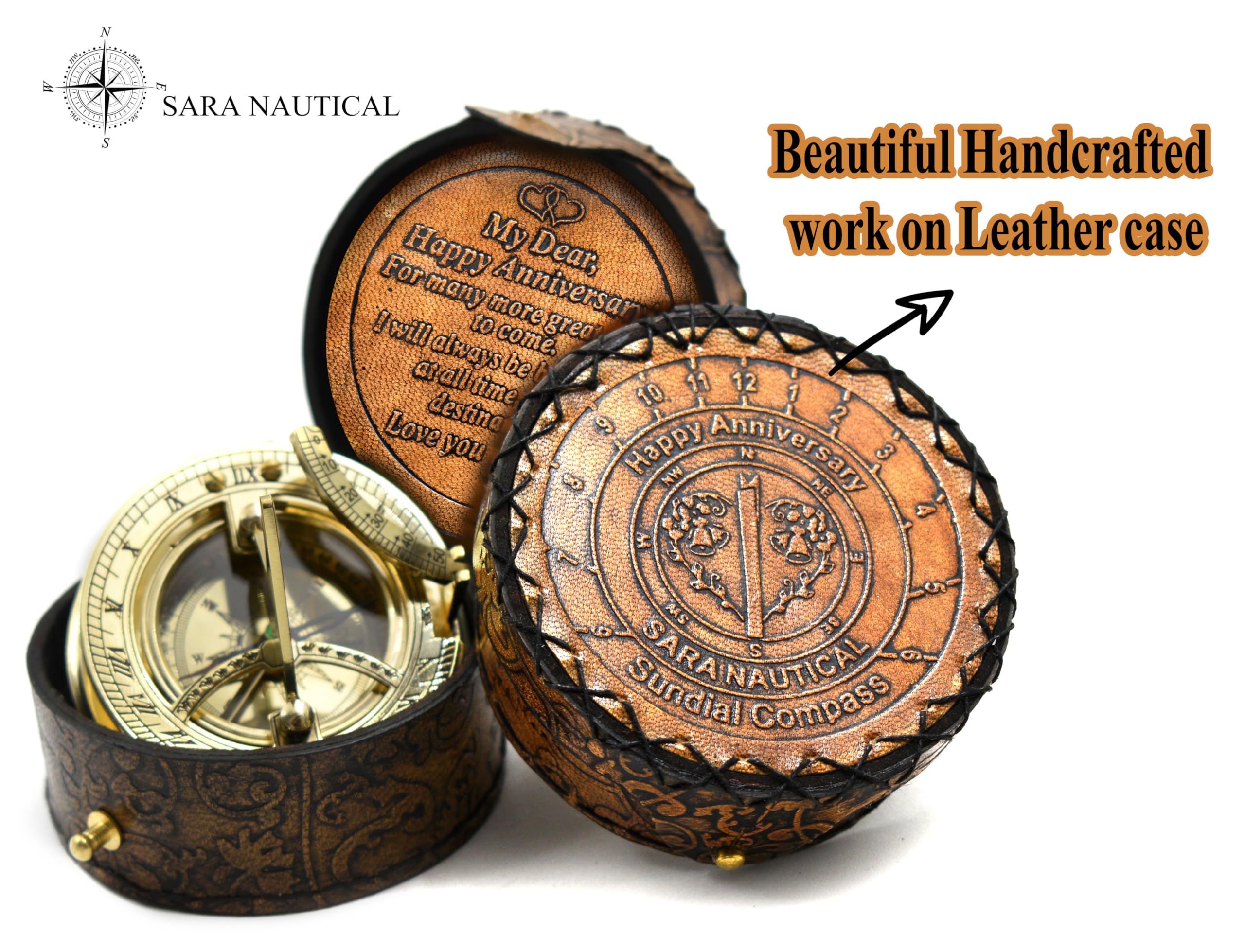 Polished Brass Sundial Compass with Genuine Leather Carry Case view 5