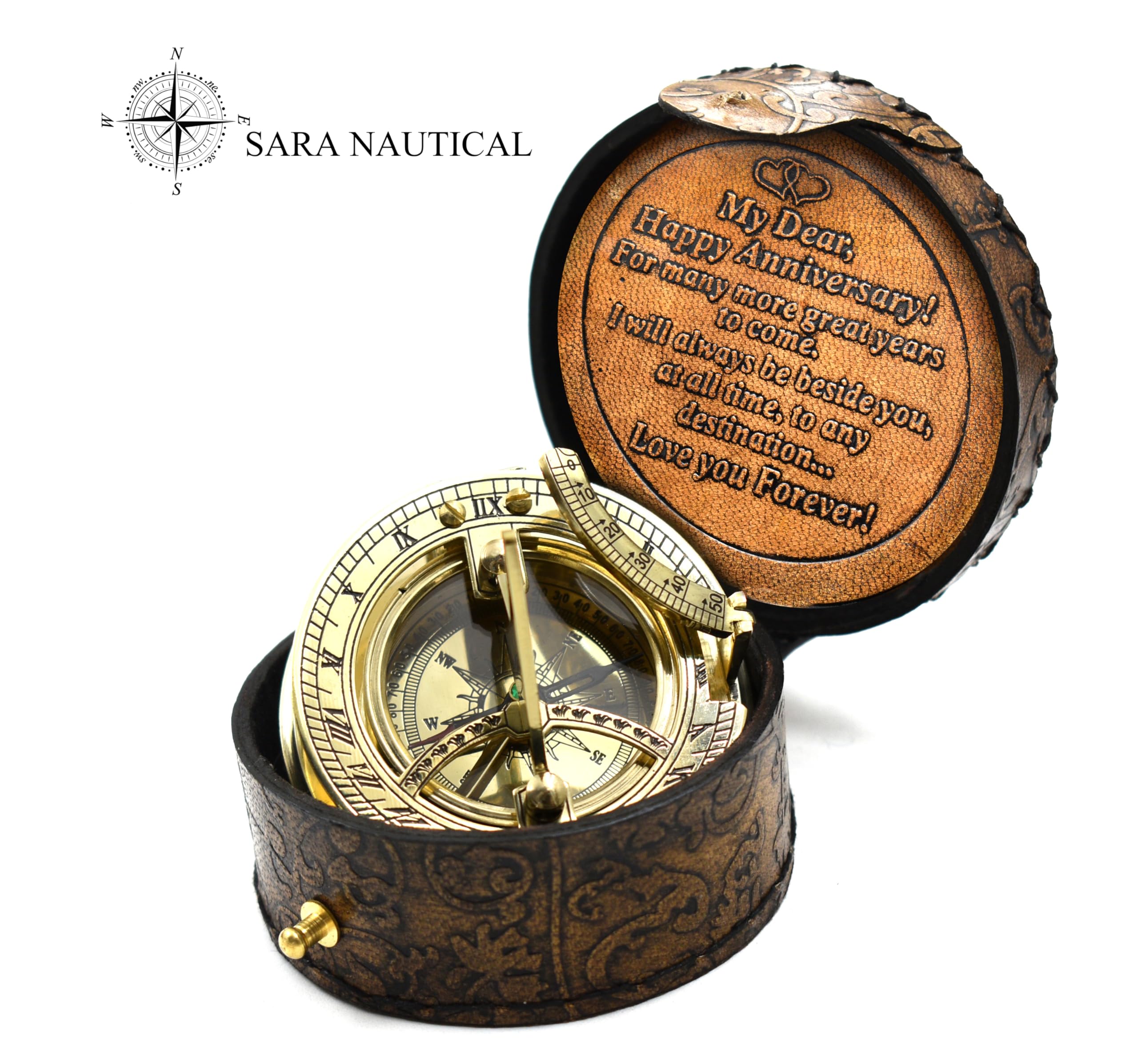 Polished Brass Sundial Compass with Genuine Leather Carry Case view 10