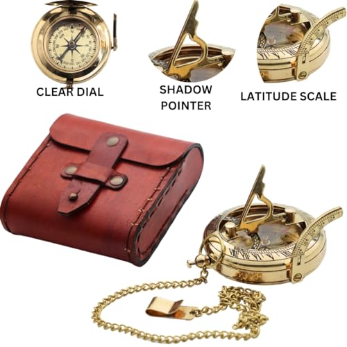 Antique Brass Sundial Compass with Red Leather Case view 5