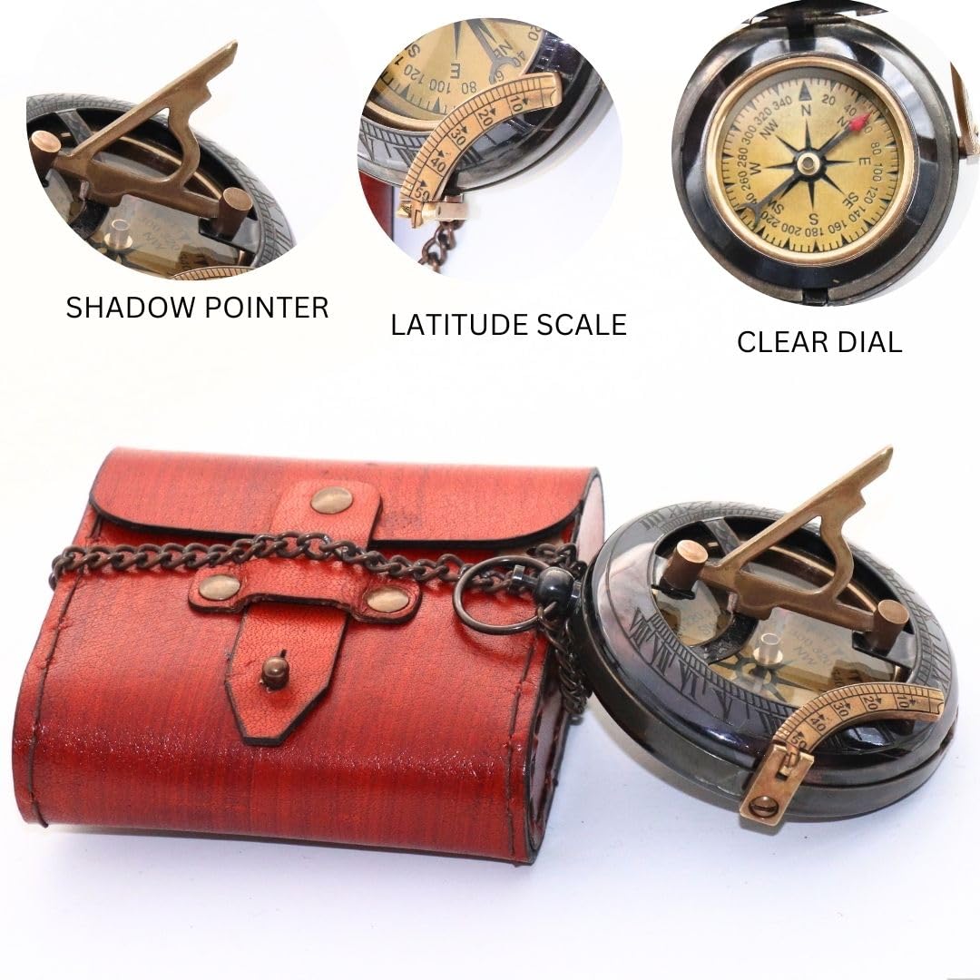 Antique Brass Sundial Compass with Red Leather Case view 8