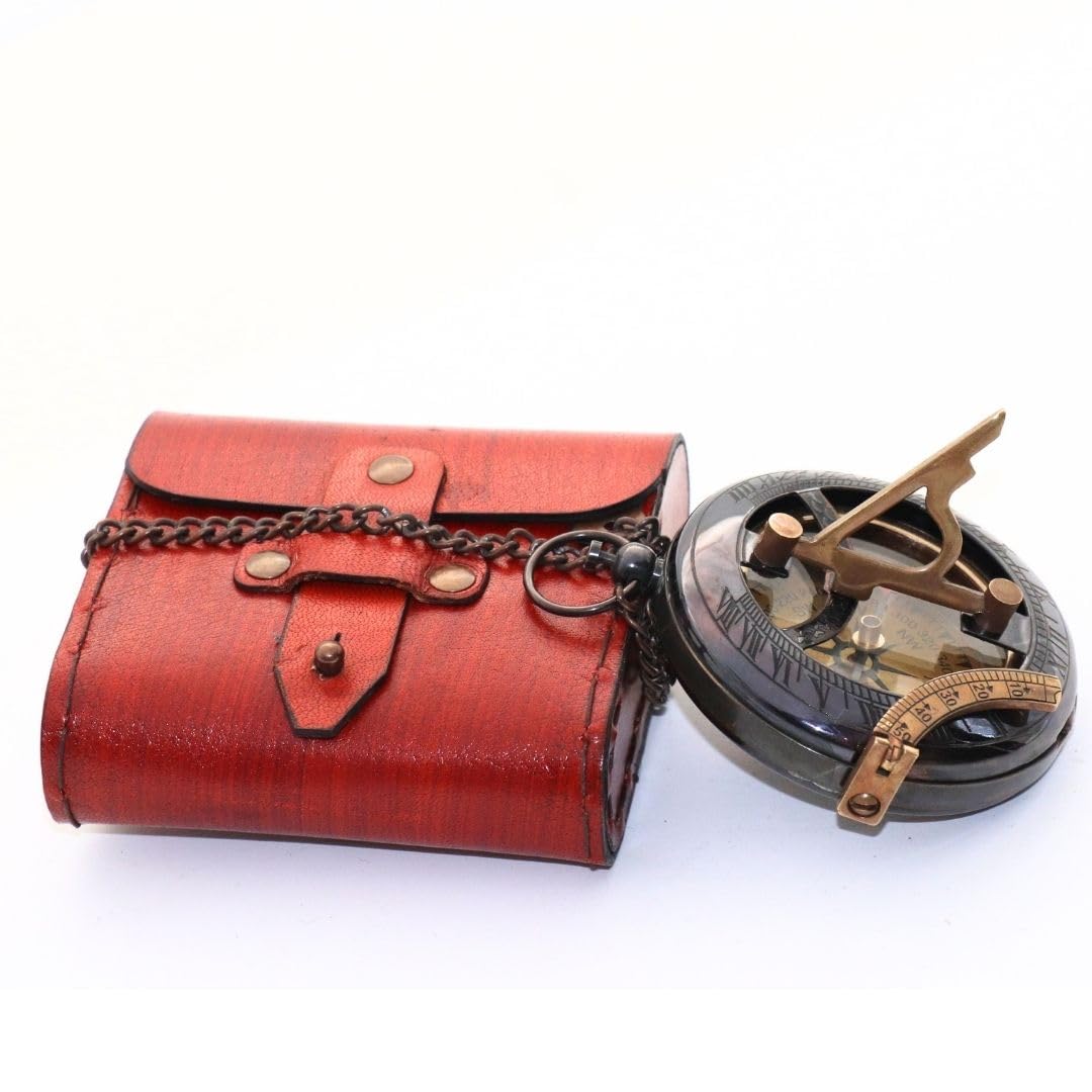 Antique Brass Sundial Compass with Red Leather Case view 10