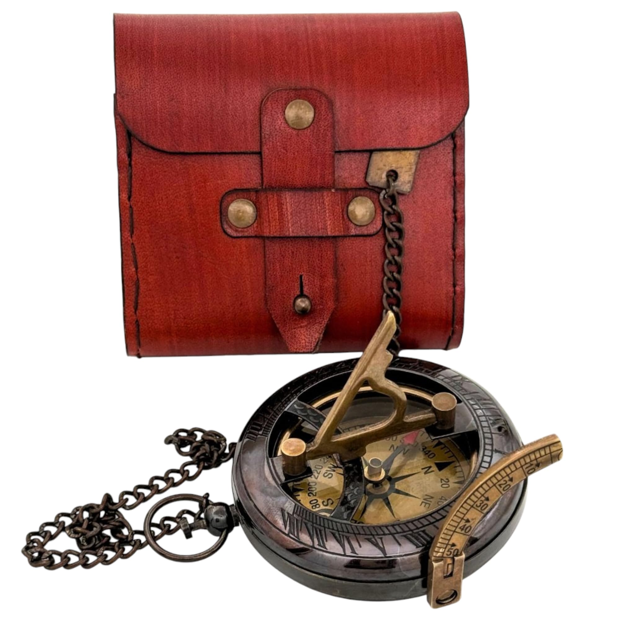 Antique Brass Sundial Compass with Red Leather Case view 12