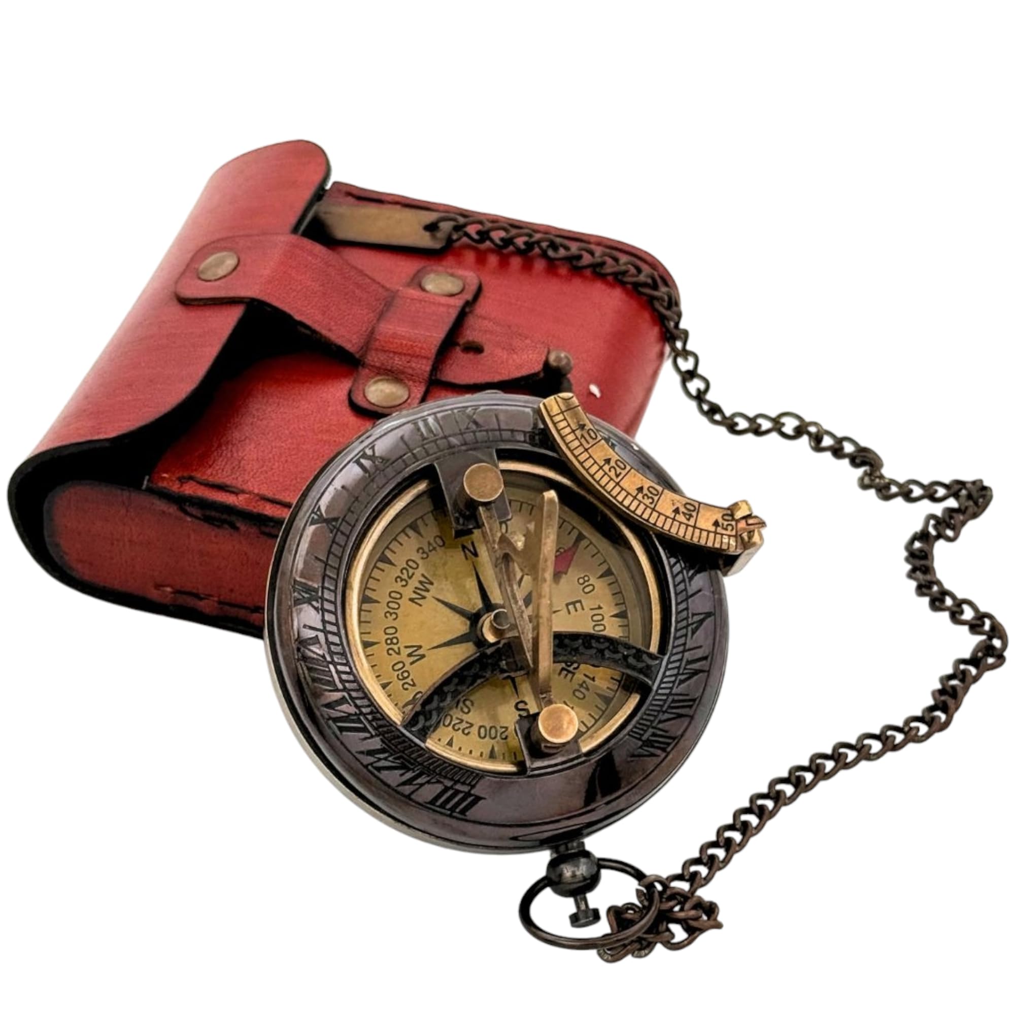 Antique Brass Sundial Compass with Red Leather Case view 13