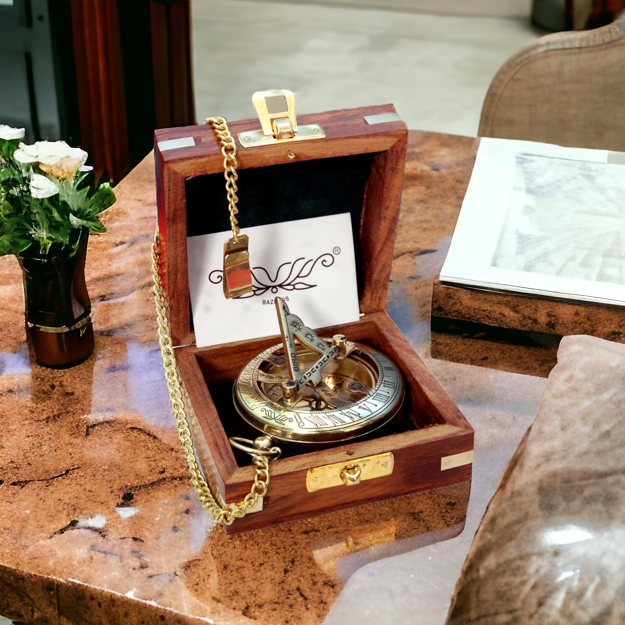 Polished Brass Sundial Compass with Fitted Wooden Presentation Box view 4