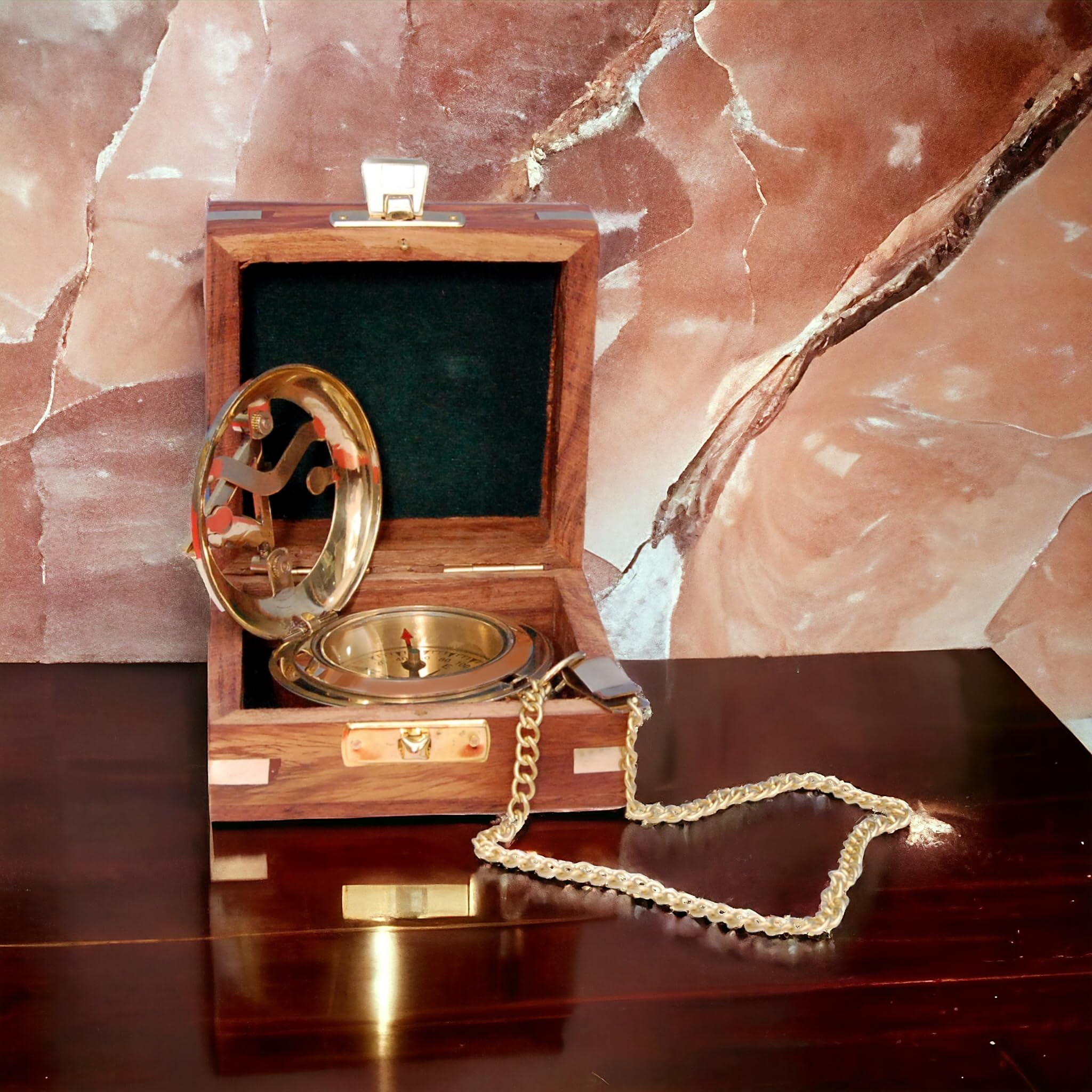 Polished Brass Sundial Compass with Fitted Wooden Presentation Box view 7