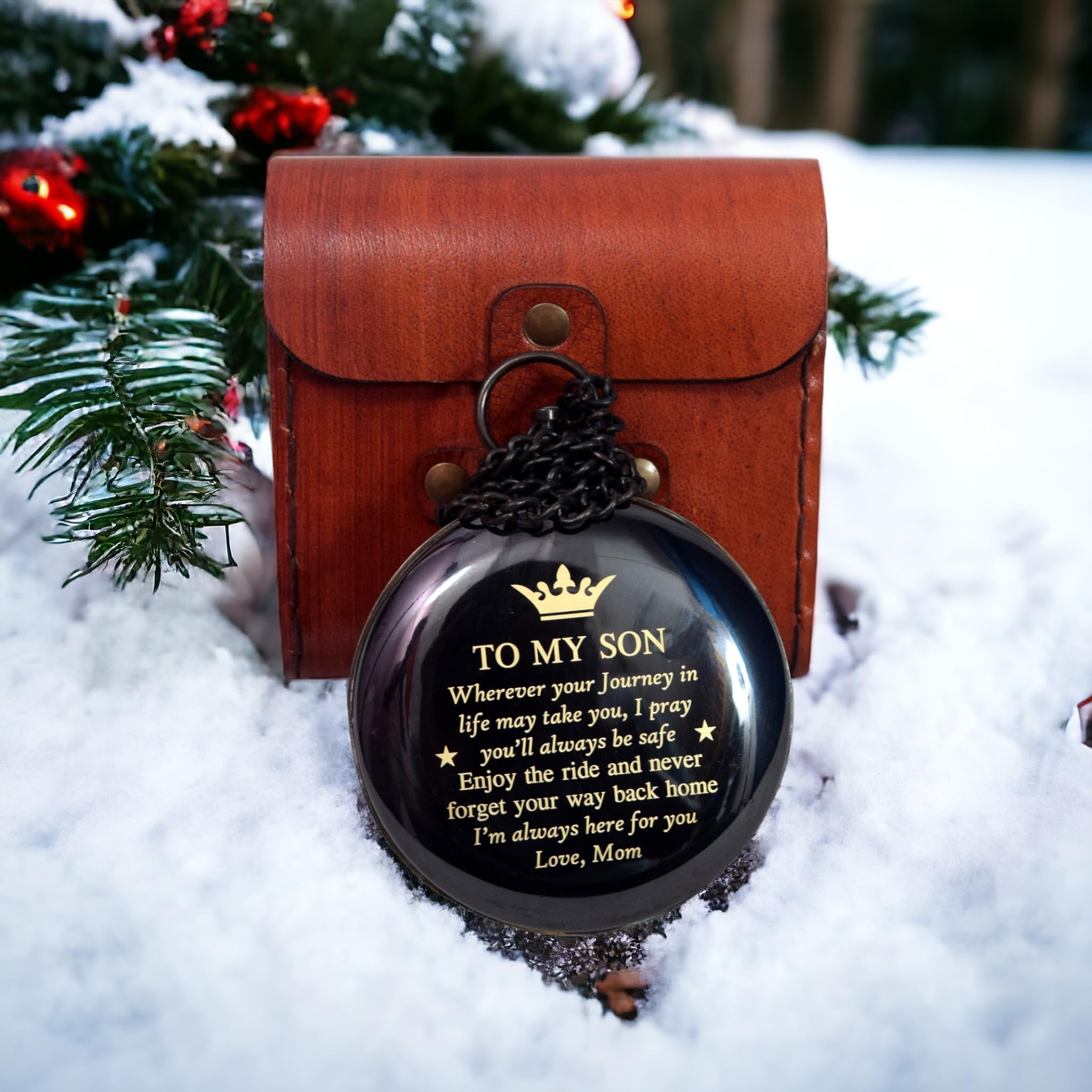 Black Antique Brass Sundial Compass with Red Leather Case view 8