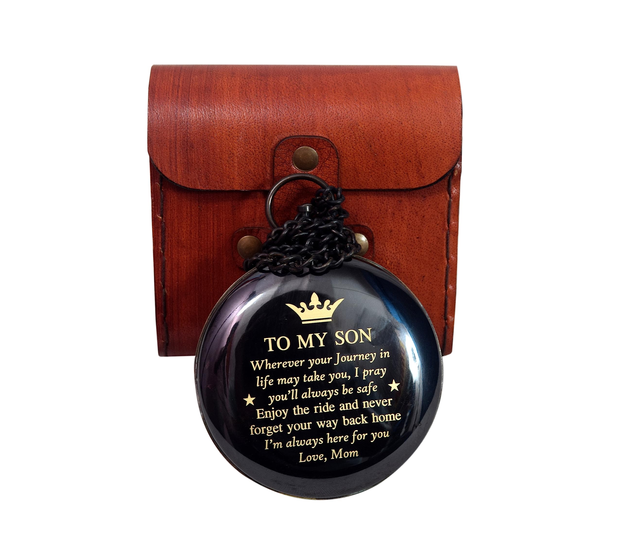 Black Antique Brass Sundial Compass with Red Leather Case view 11