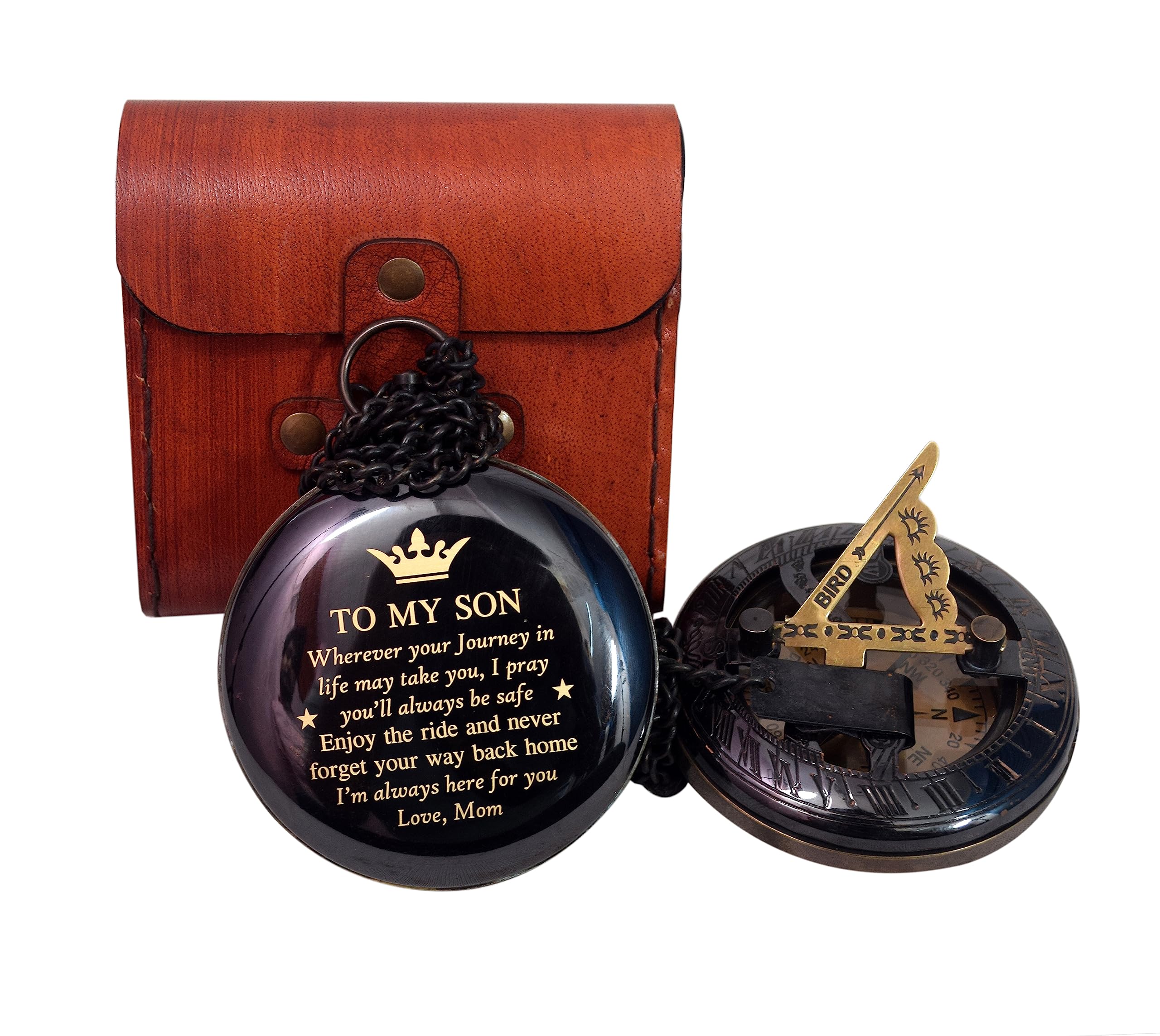 Black Antique Brass Sundial Compass with Red Leather Case view 14
