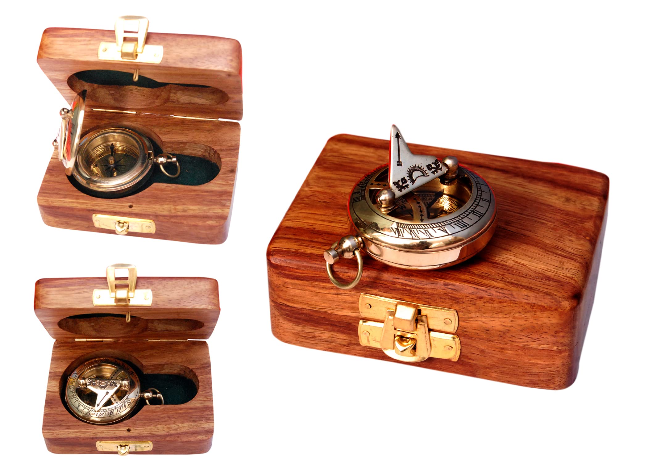 Polished Brass Sundial Compass with Fitted Wooden Presentation Box view 10