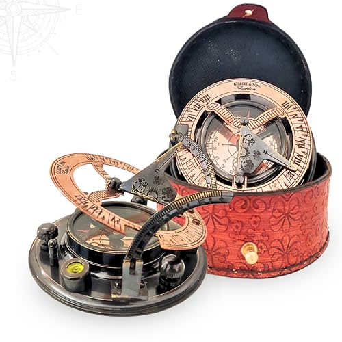 Black Antique Brass Sundial Compass with Red Leather Case view 2