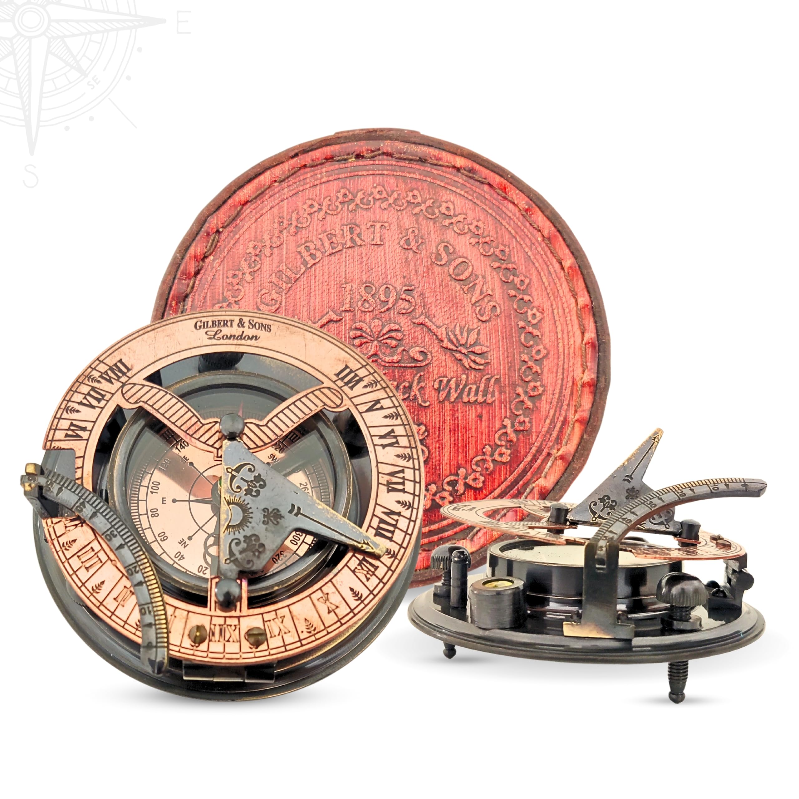 Black Antique Brass Sundial Compass with Red Leather Case view 3
