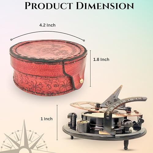 Black Antique Brass Sundial Compass with Red Leather Case view 6