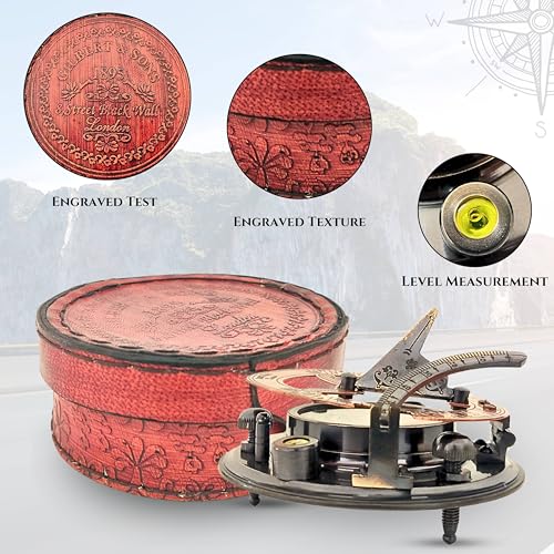 Black Antique Brass Sundial Compass with Red Leather Case view 8