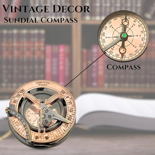 Black Antique Brass Sundial Compass with Red Leather Case view 10