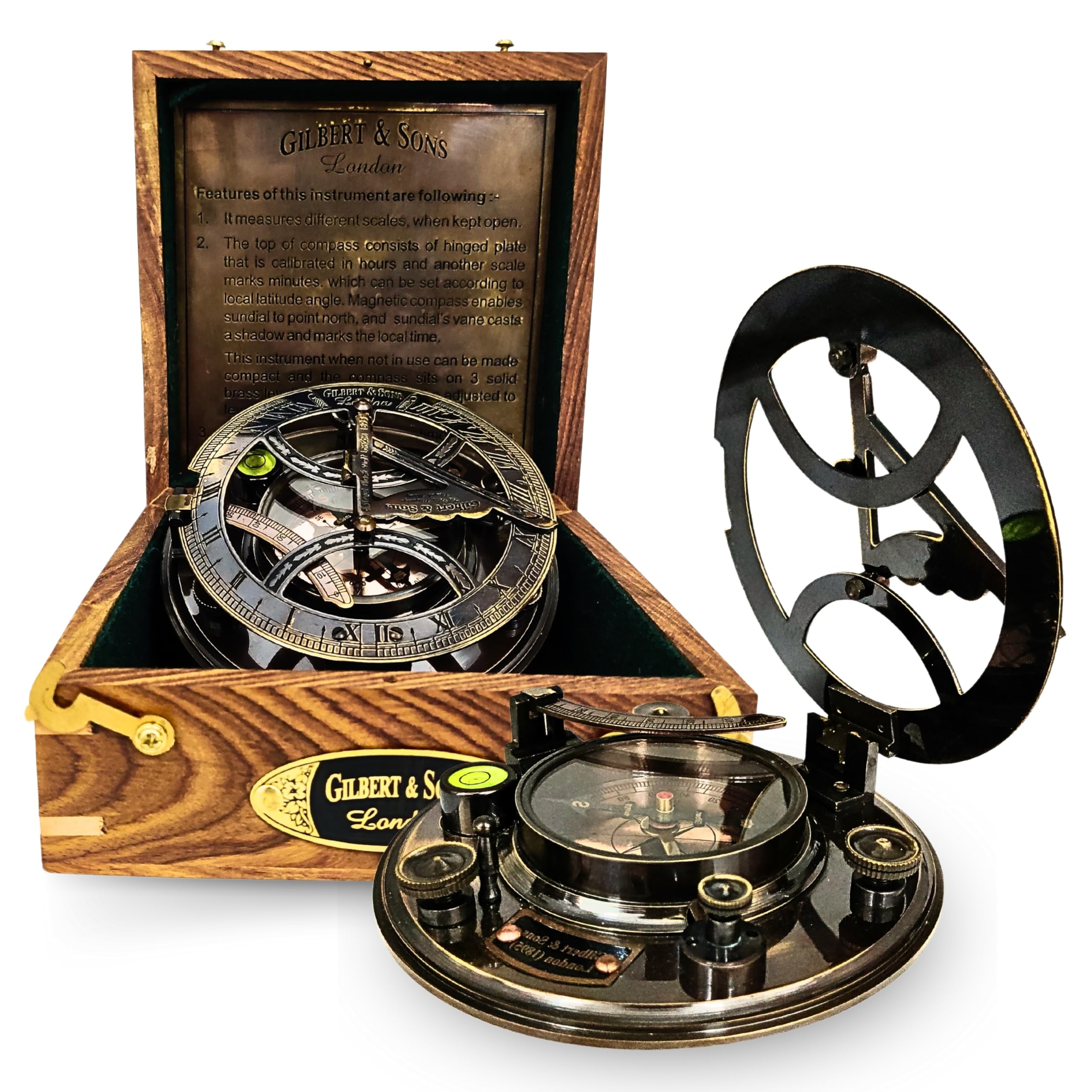 Black Antique Brass Sundial Compass with Red Leather Case view 14