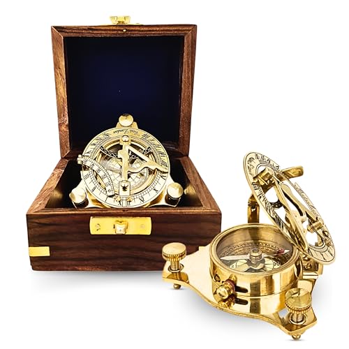 Black Antique Brass Sundial Compass with Red Leather Case view 15