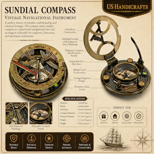 Black Antique Brass Sundial Compass with Black Wooden Presentation Box view 3