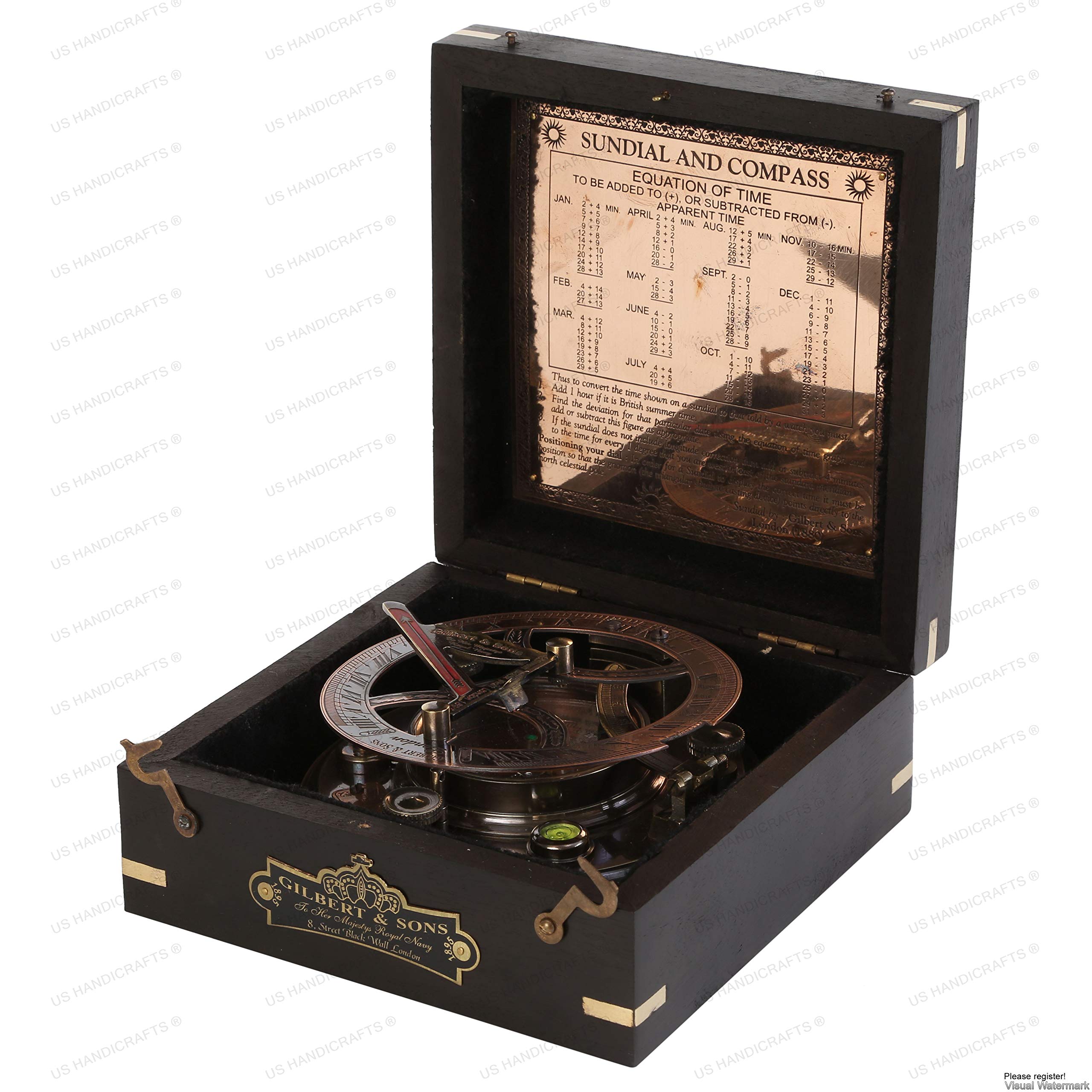 Black Antique Brass Sundial Compass with Black Wooden Presentation Box view 17