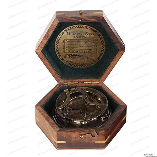 Black Antique Brass Sundial Compass with Hexagonal Wooden Presentation Box view 3