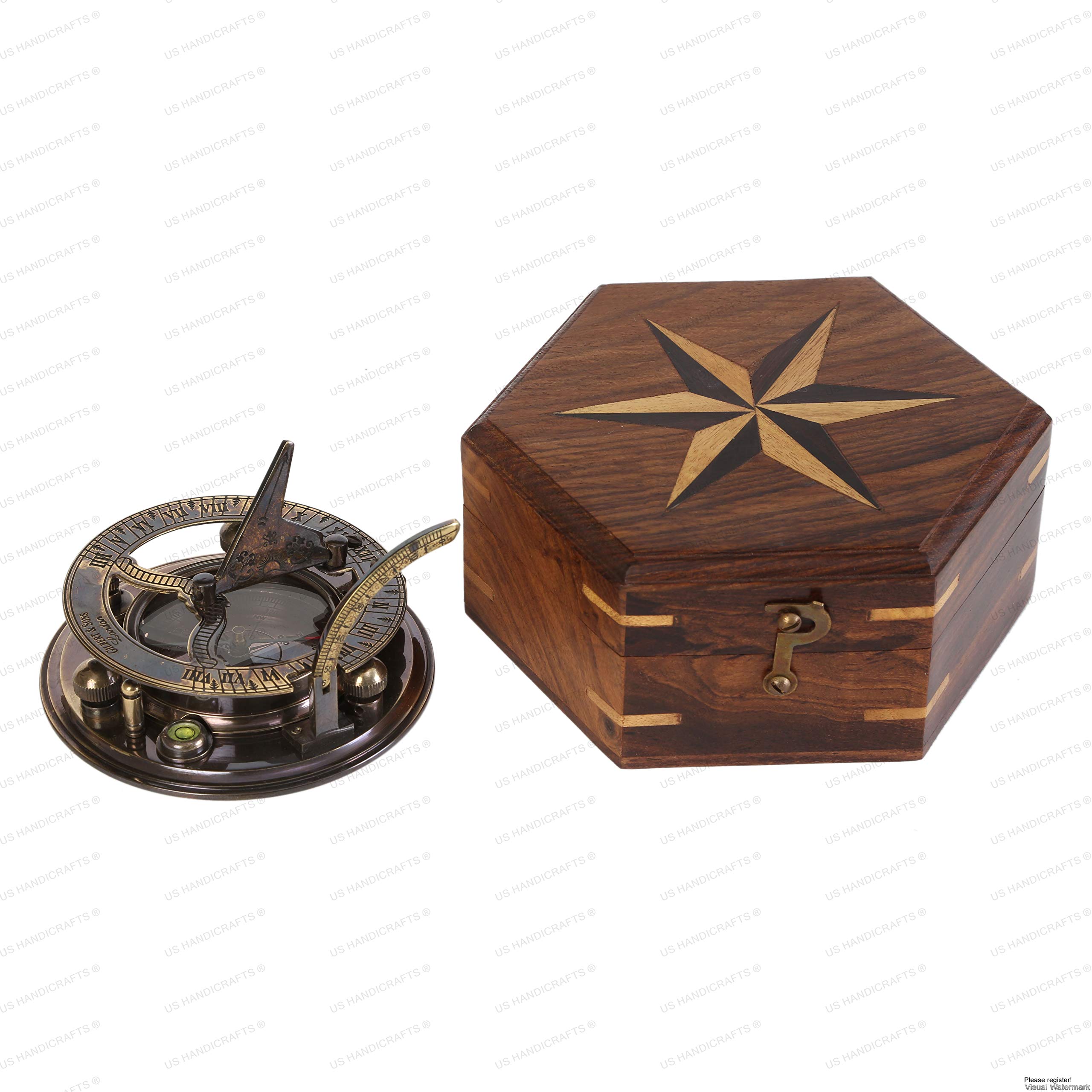 Black Antique Brass Sundial Compass with Hexagonal Wooden Presentation Box view 4