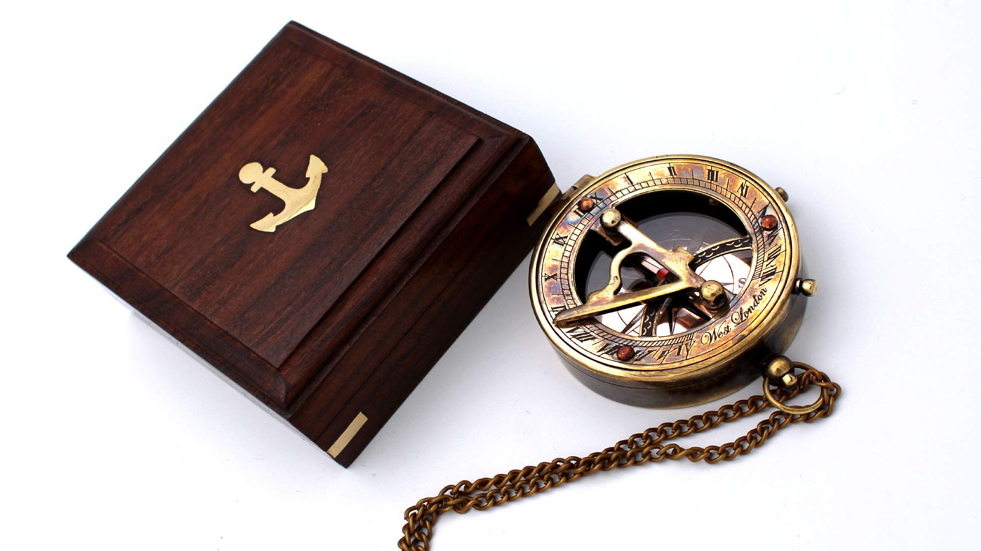 Antique Brass Sundial Compass with Rosewood Presentation Box view 4