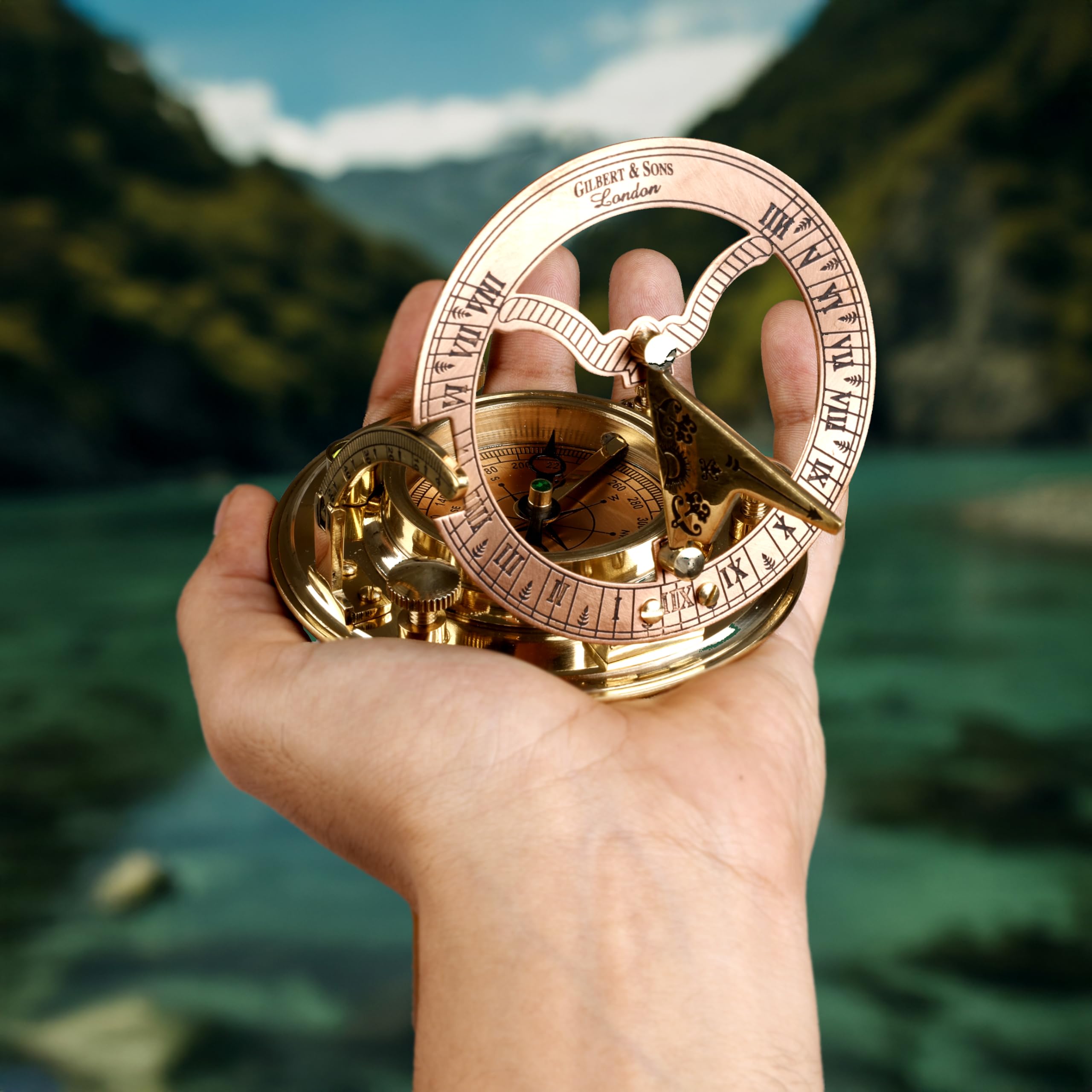 Polished Brass Sundial Compass with Red Leather Case view 7