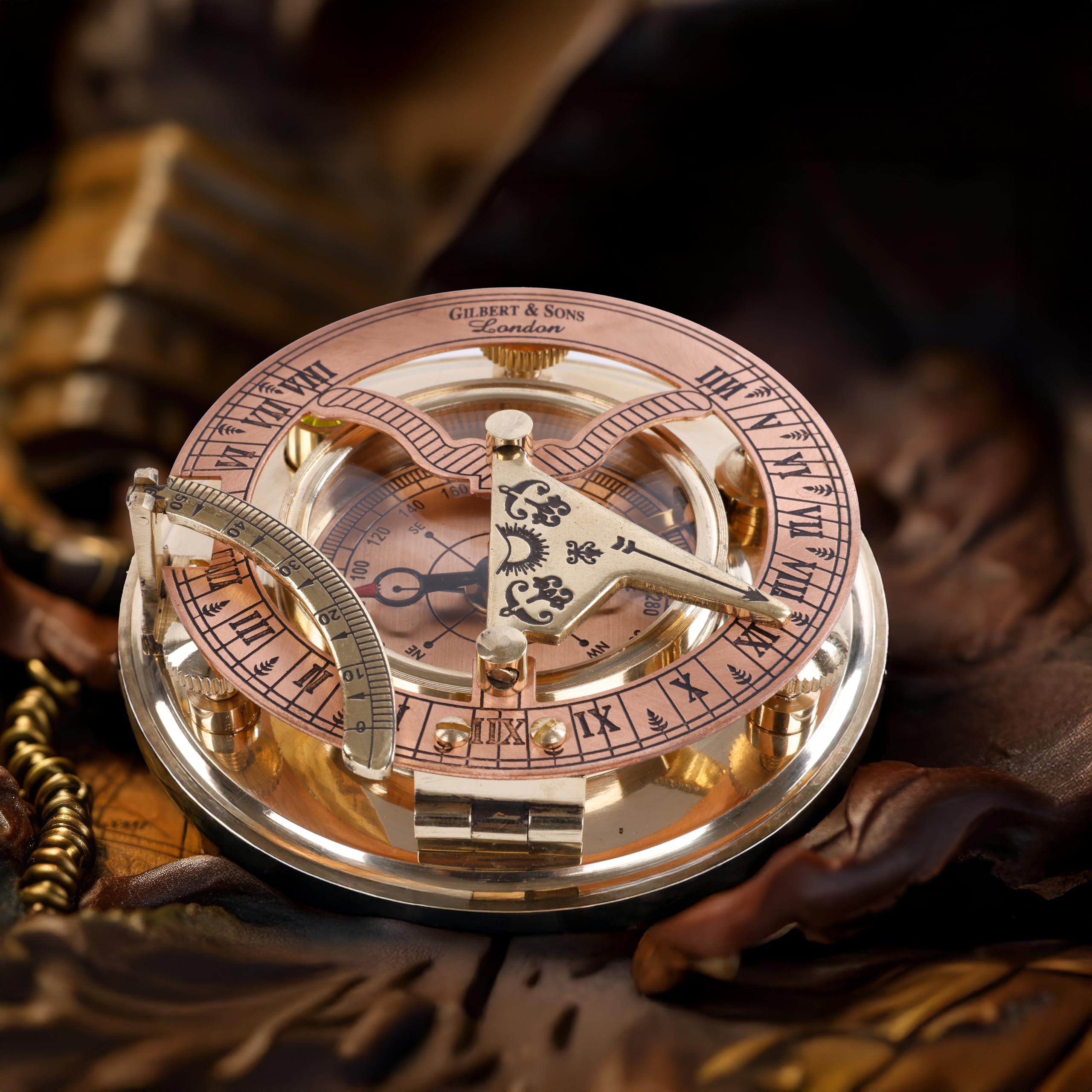 Polished Brass Sundial Compass with Red Leather Case view 9