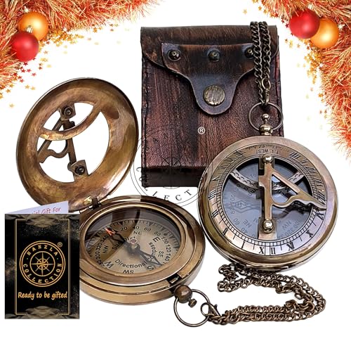 Antique Brass Sundial Compass with Genuine Leather Carry Case view 2