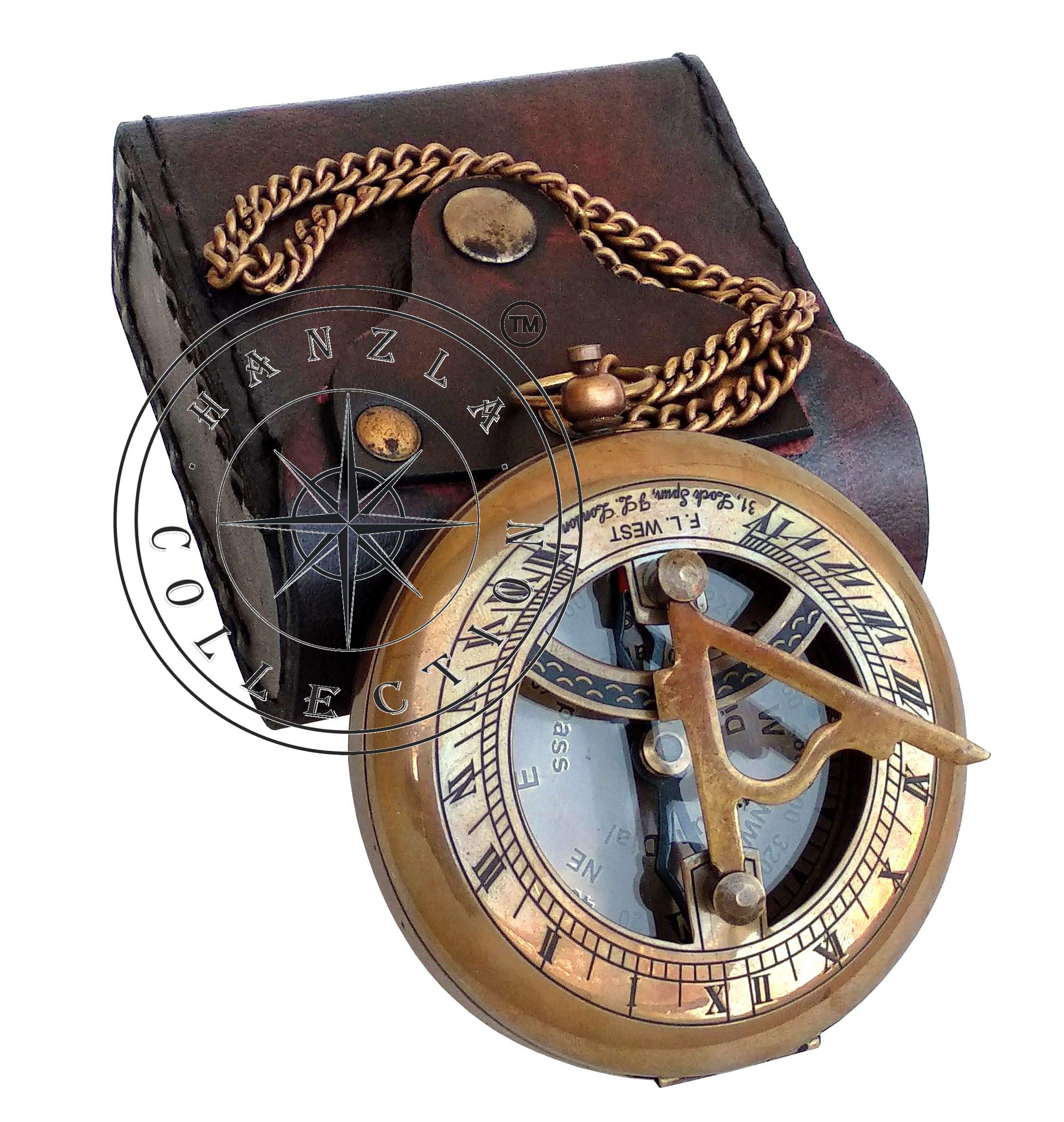 Antique Brass Sundial Compass with Genuine Leather Carry Case view 9