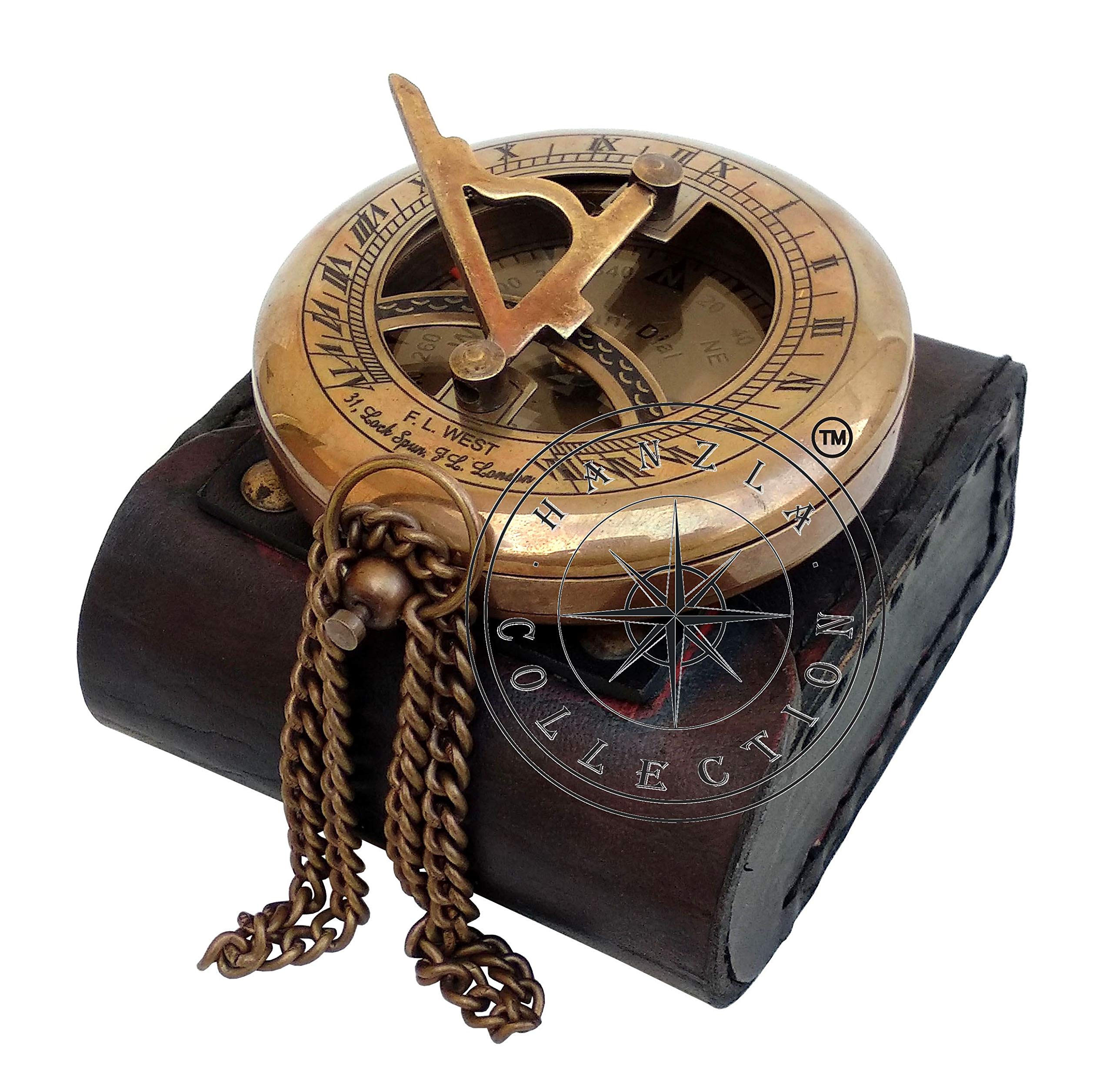 Antique Brass Sundial Compass with Genuine Leather Carry Case view 13