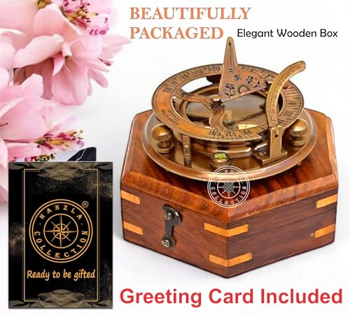 Black Antique Brass Sundial Compass with Hexagonal Wooden Presentation Box view 6