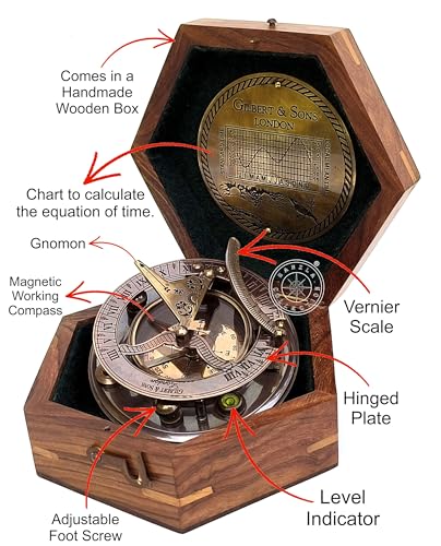 Black Antique Brass Sundial Compass with Hexagonal Wooden Presentation Box view 8