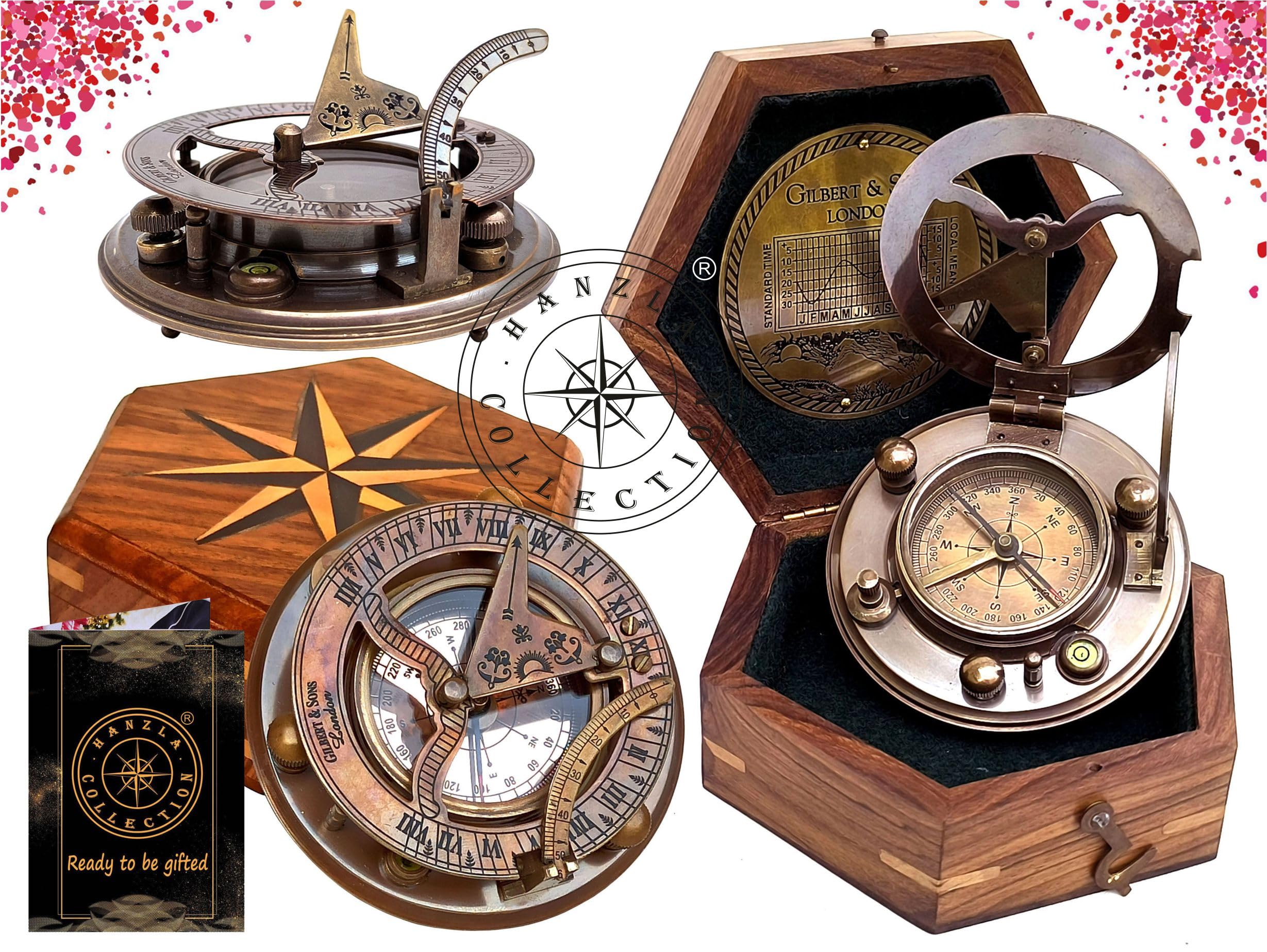 Black Antique Brass Sundial Compass with Hexagonal Wooden Presentation Box view 17