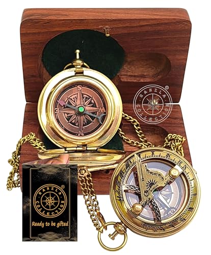 Polished Brass Sundial Compass with Fitted Wooden Presentation Box view 2