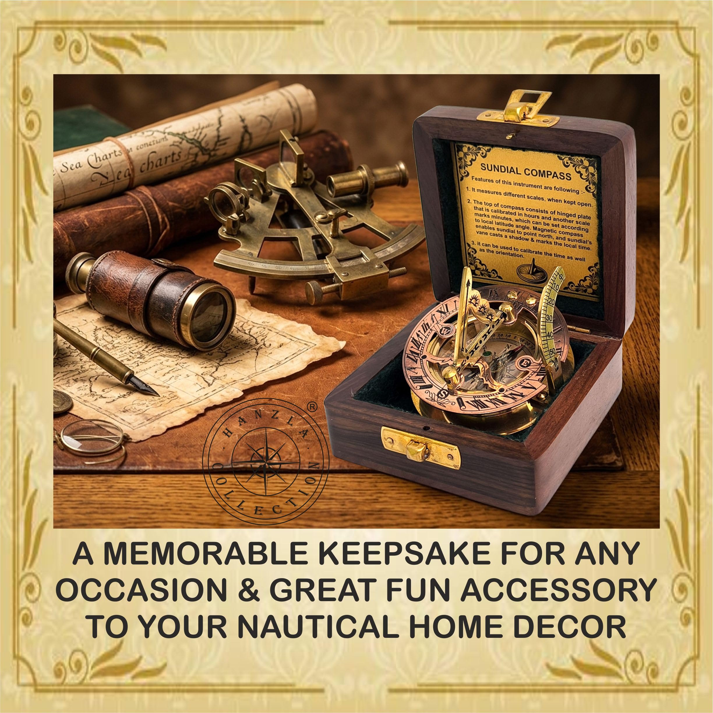 Polished Brass Sundial Compass with Fitted Wooden Presentation Box view 3