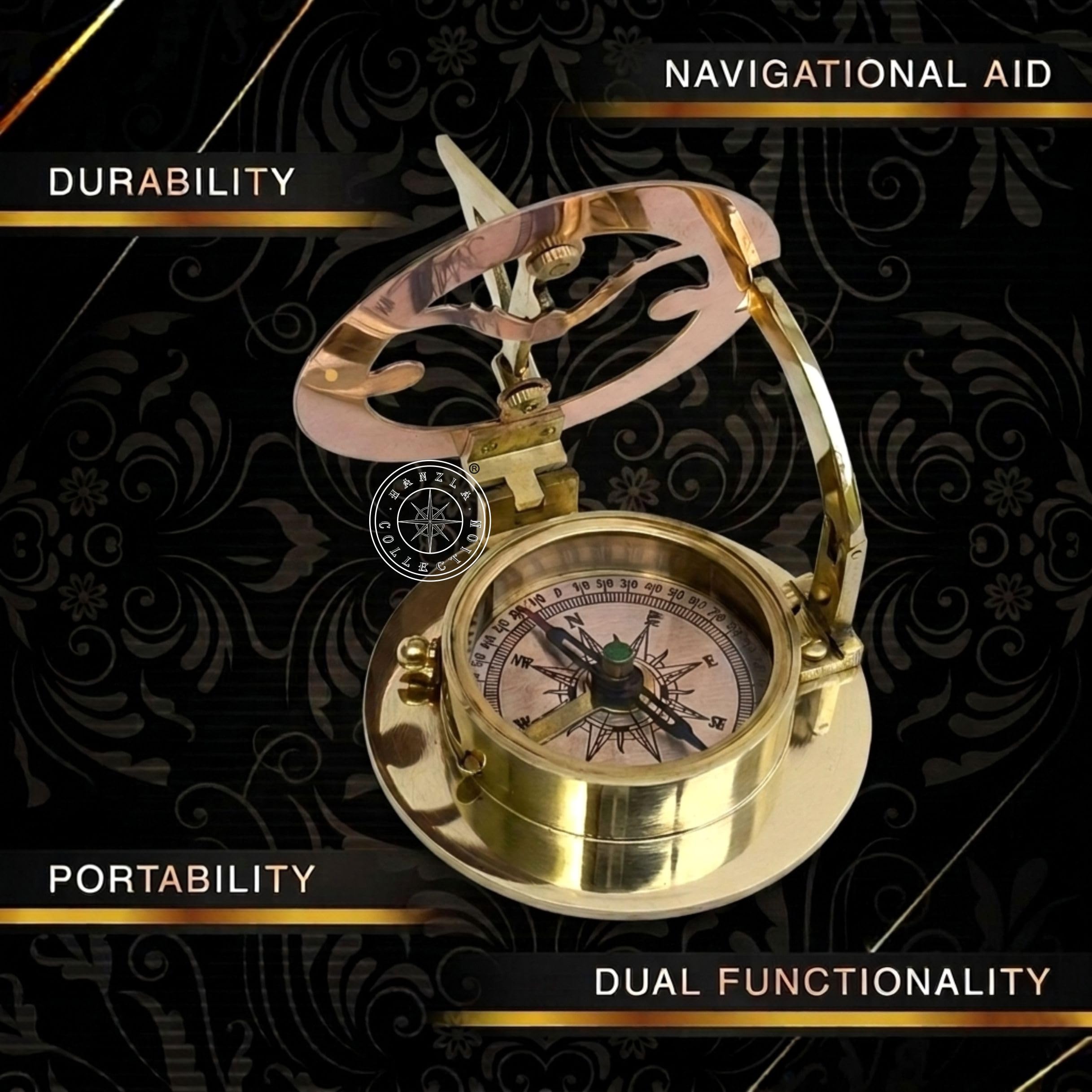 Polished Brass Sundial Compass with Fitted Wooden Presentation Box view 5