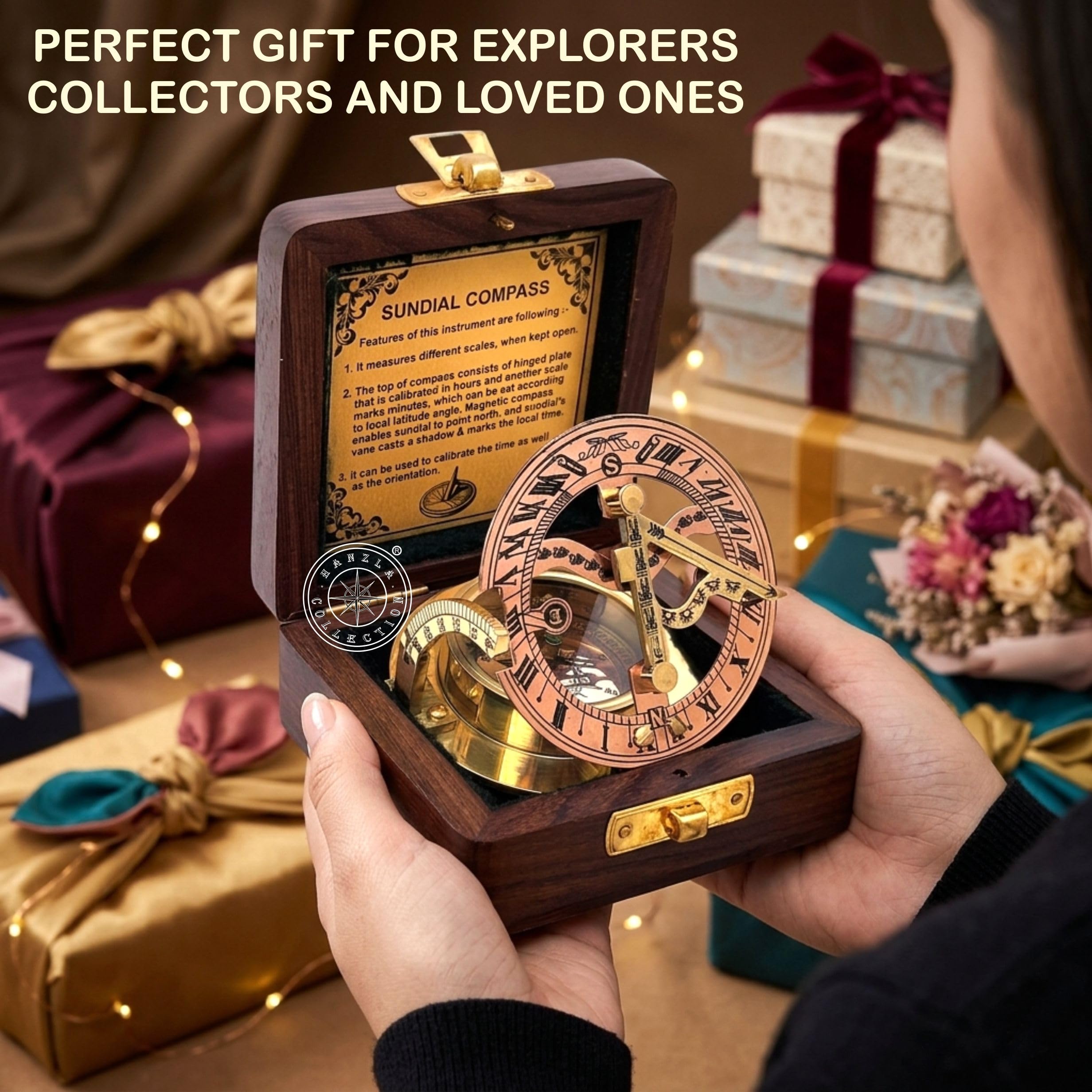 Polished Brass Sundial Compass with Fitted Wooden Presentation Box view 7