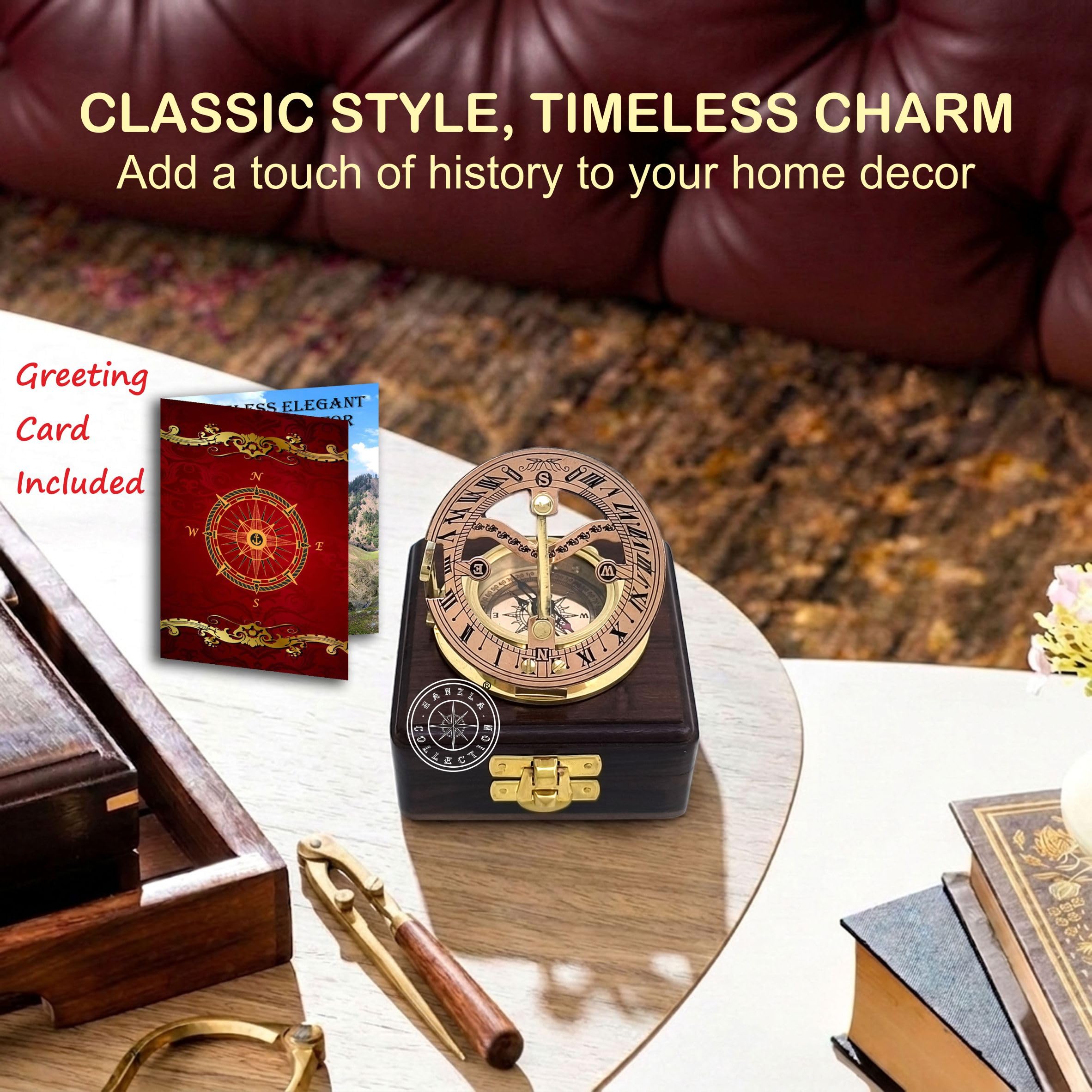 Polished Brass Sundial Compass with Fitted Wooden Presentation Box view 9
