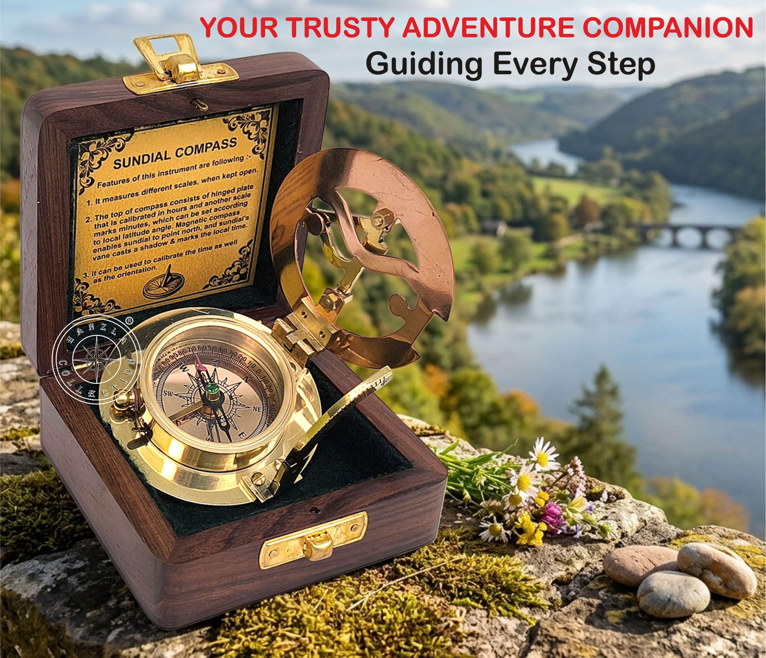 Polished Brass Sundial Compass with Fitted Wooden Presentation Box view 11