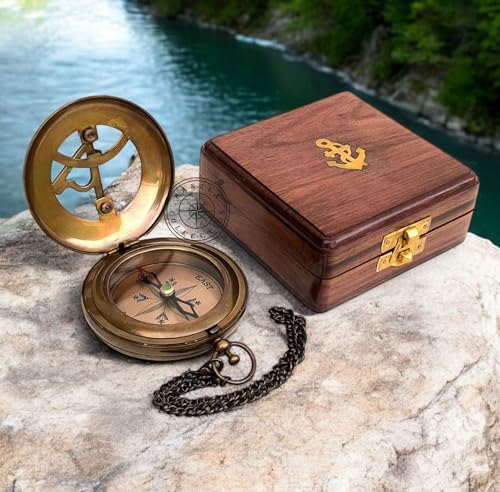 Antique Brass Sundial Compass with Fitted Wooden Presentation Box view 8