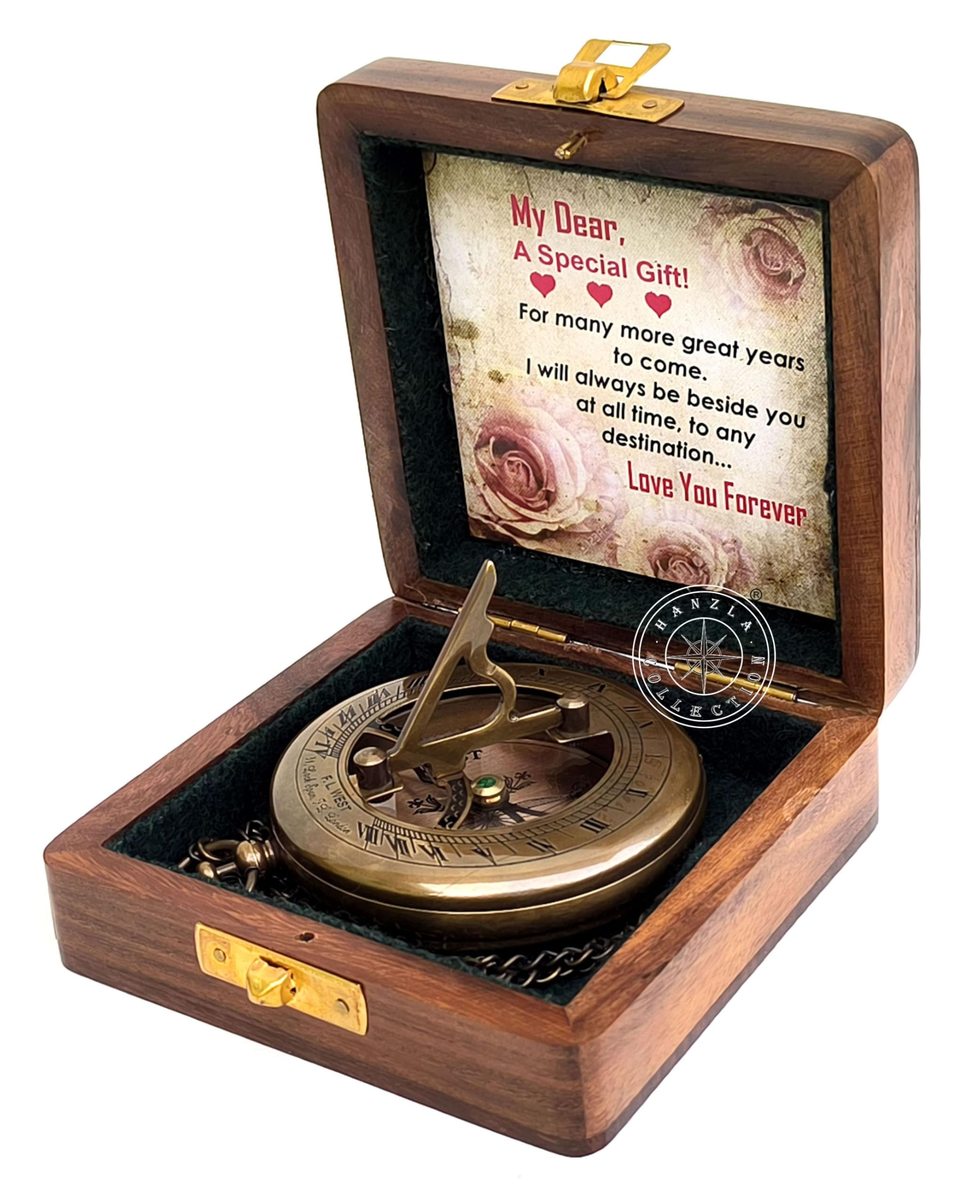 Antique Brass Sundial Compass with Fitted Wooden Presentation Box view 9
