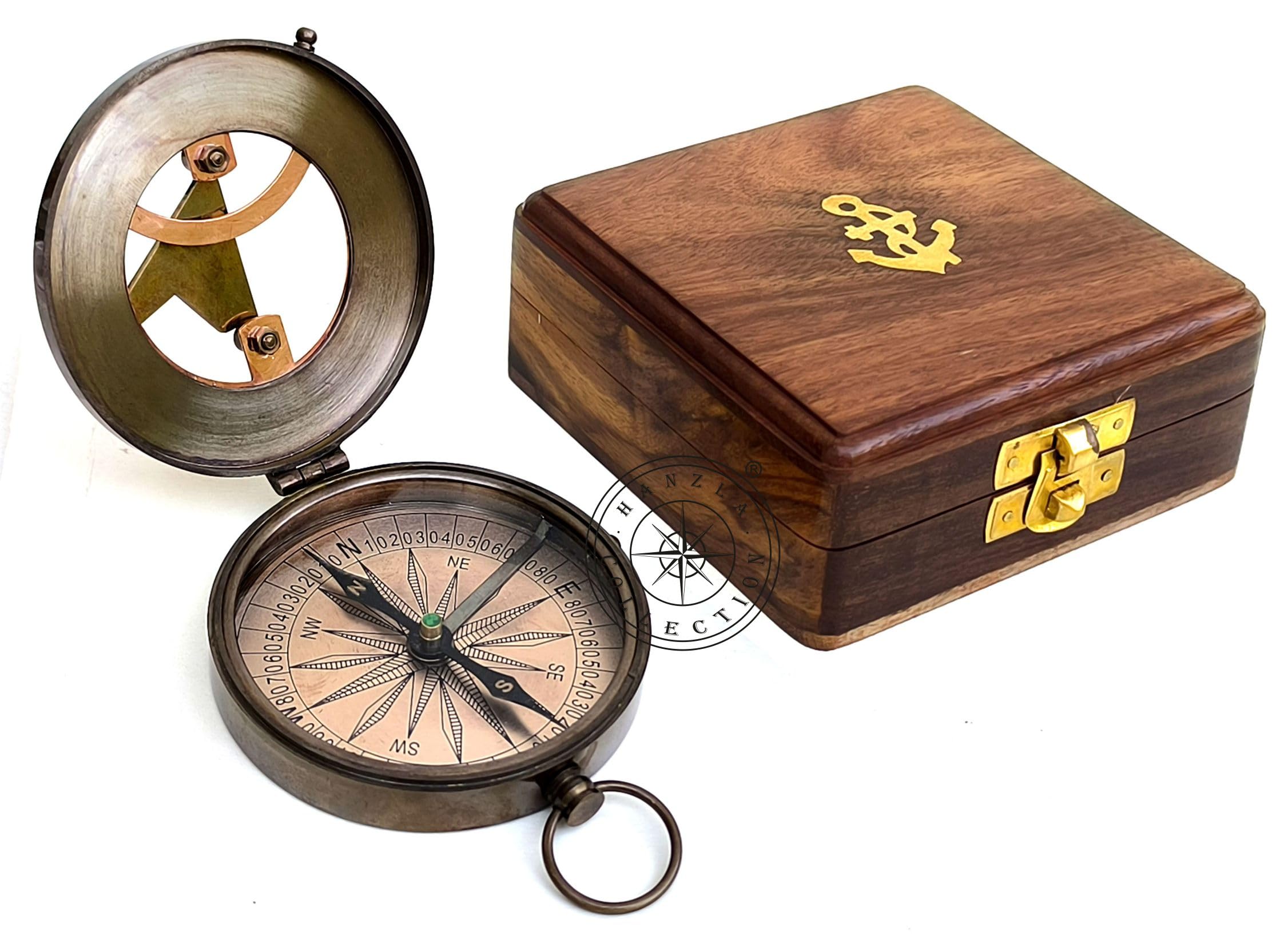 Antique Brass Sundial Compass with Rosewood Presentation Box view 3