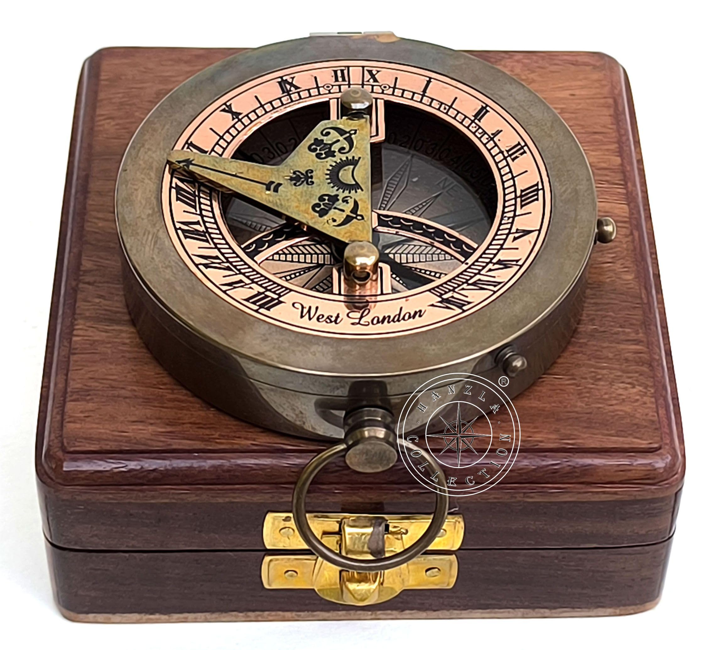Antique Brass Sundial Compass with Rosewood Presentation Box view 8