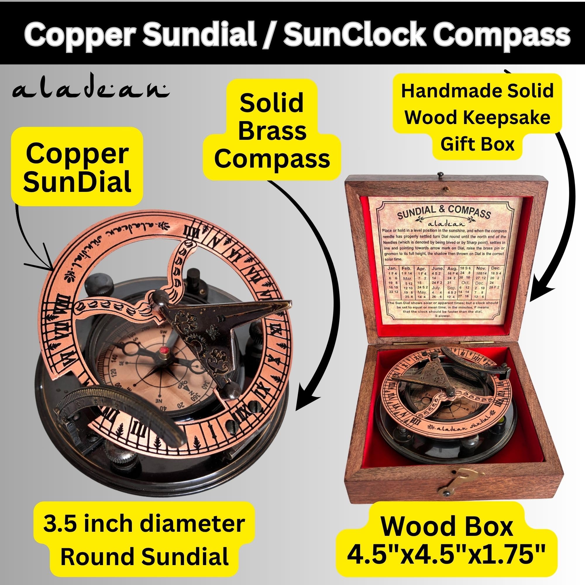 Antique Brass Sundial Compass with Wooden Box view 3
