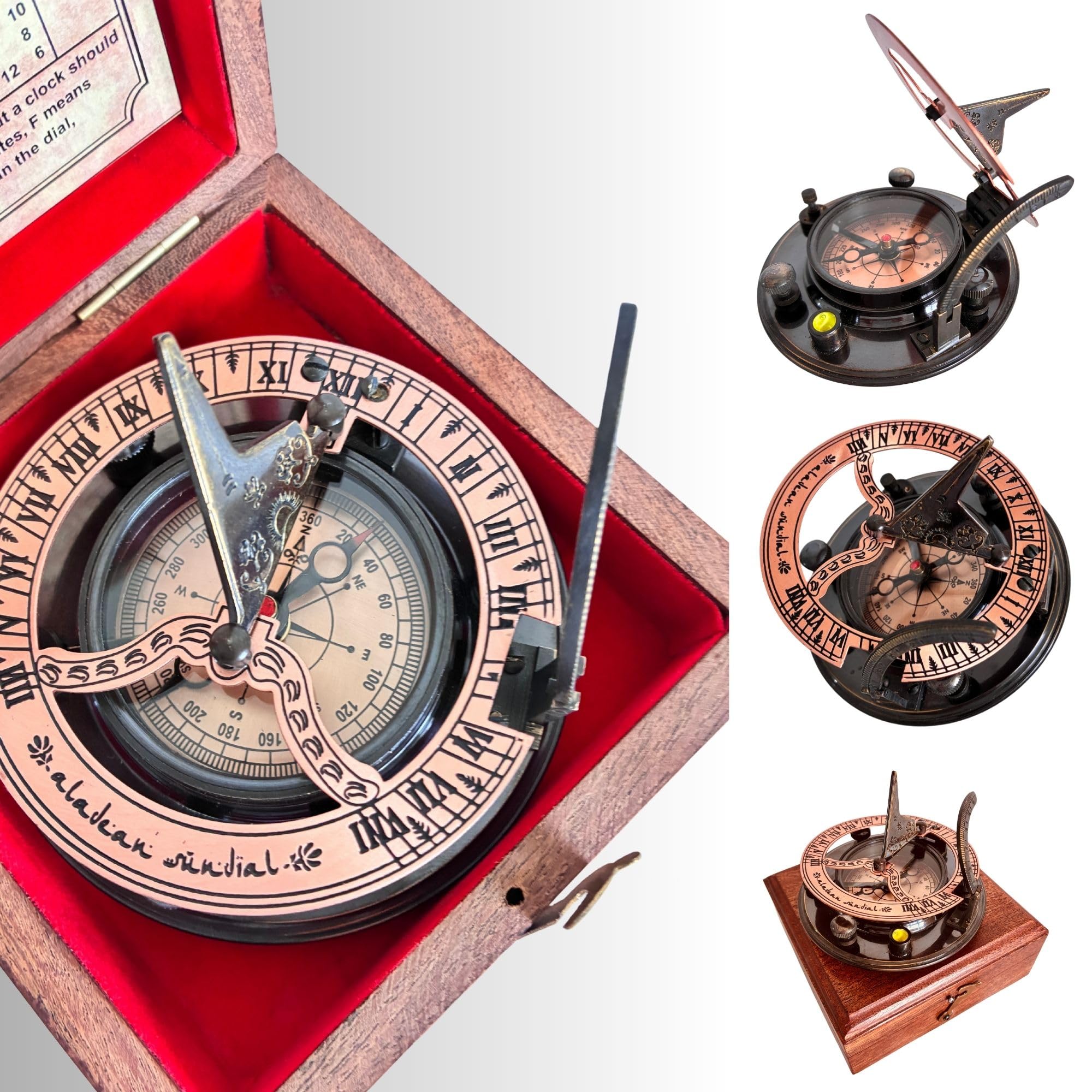 Antique Brass Sundial Compass with Wooden Box view 9