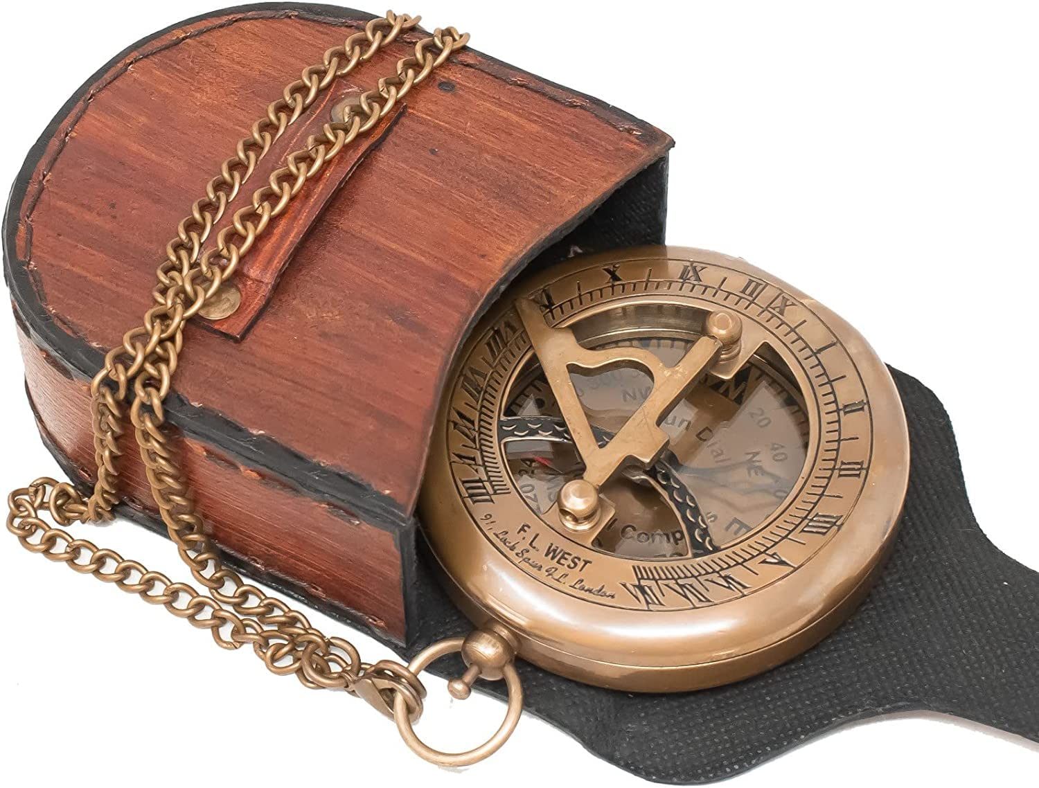 Antique Brass Sundial Compass with Leather Presentation Box view 5