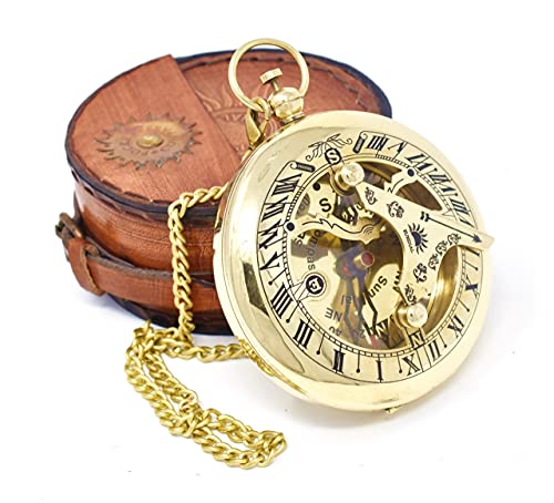 Polished Brass Sundial Compass with Red Leather Case view 3