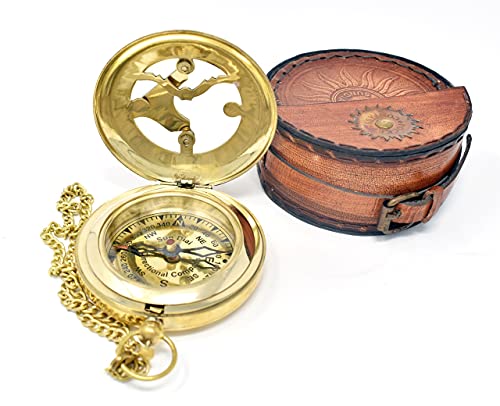 Polished Brass Sundial Compass with Red Leather Case view 5
